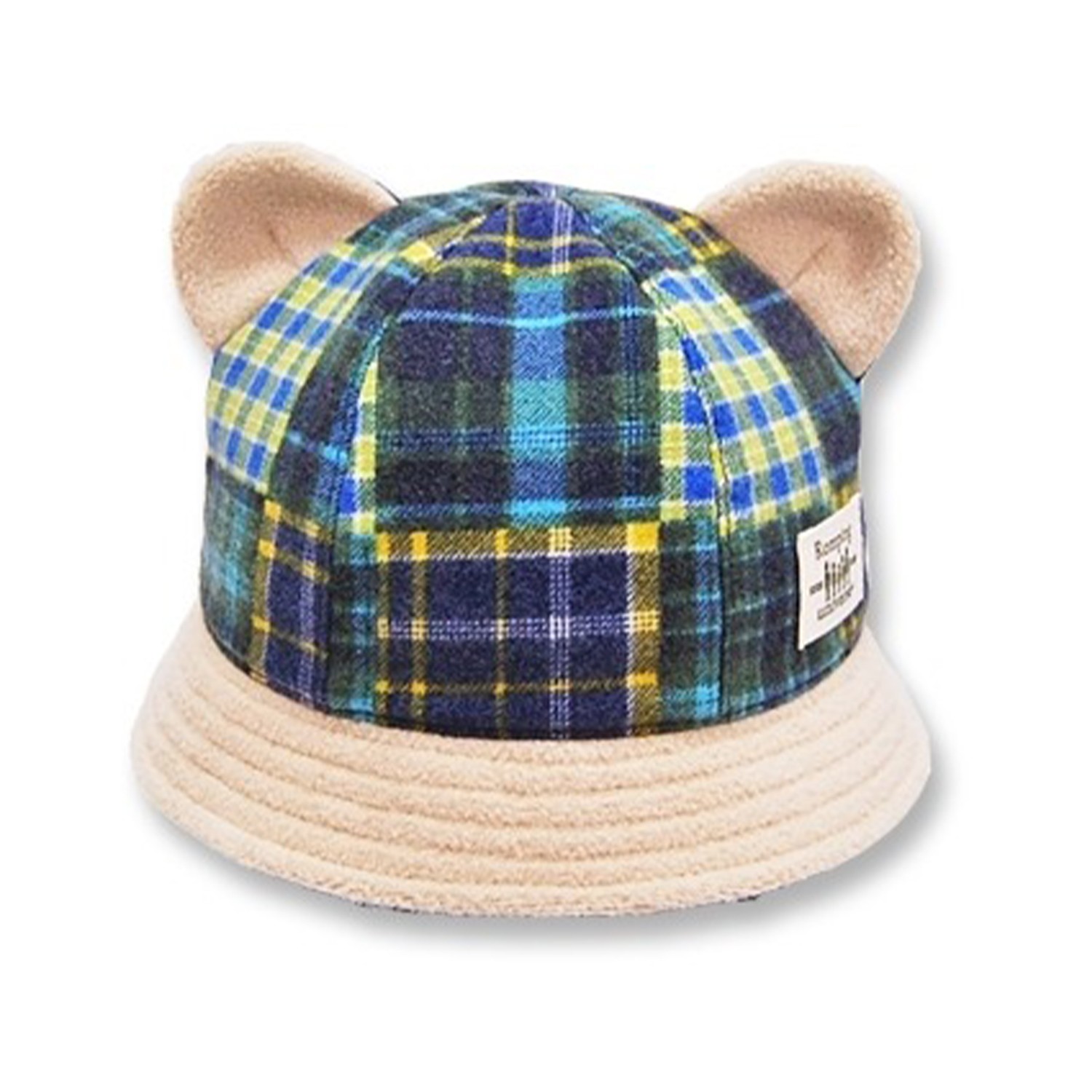 日本製可愛冬帽-小童款-熊耳漁夫帽_綠藍格子 (S(46-48cm))