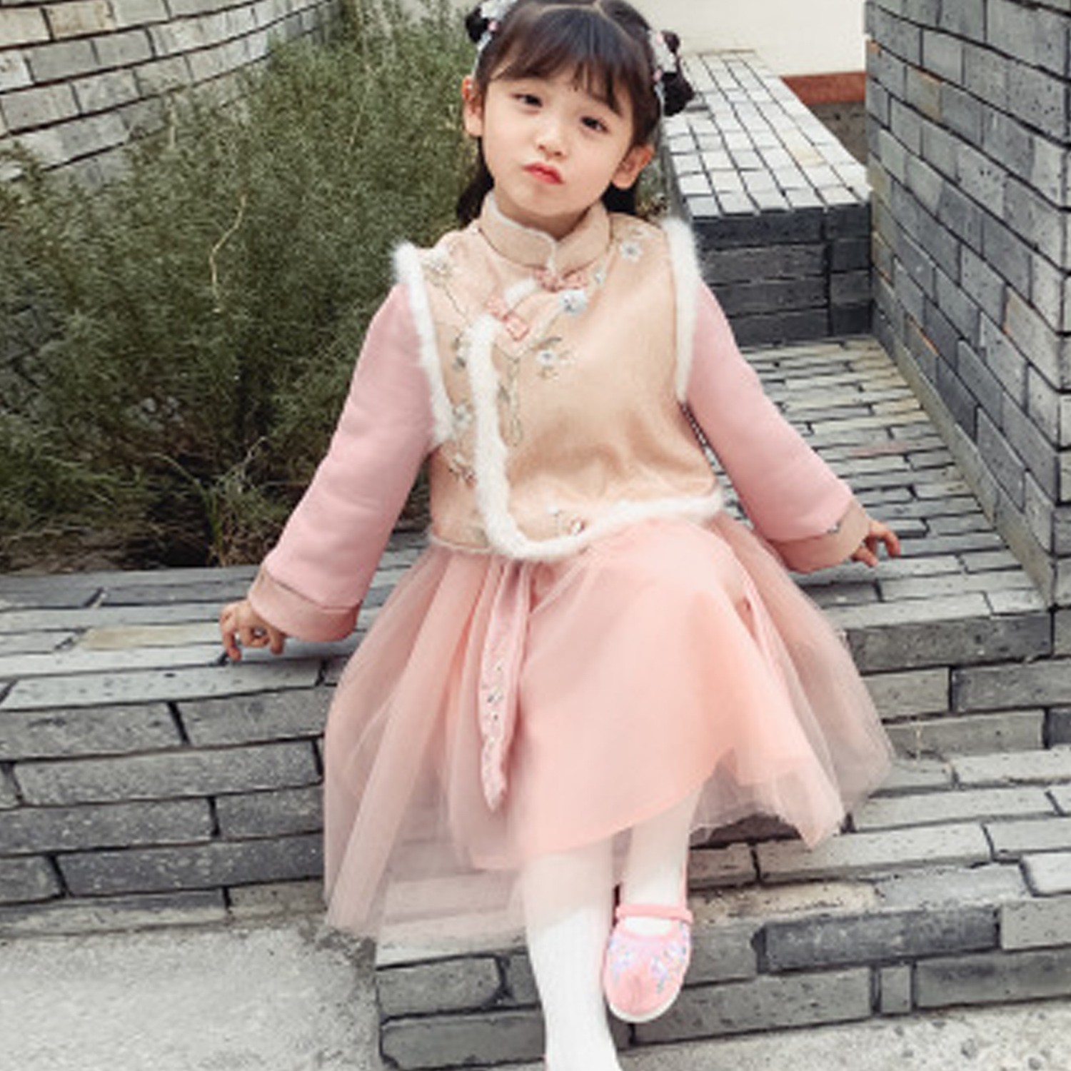 溫暖加絨漢服鋪棉背心Ｘ長袖紗裙-粉色 (90cm)