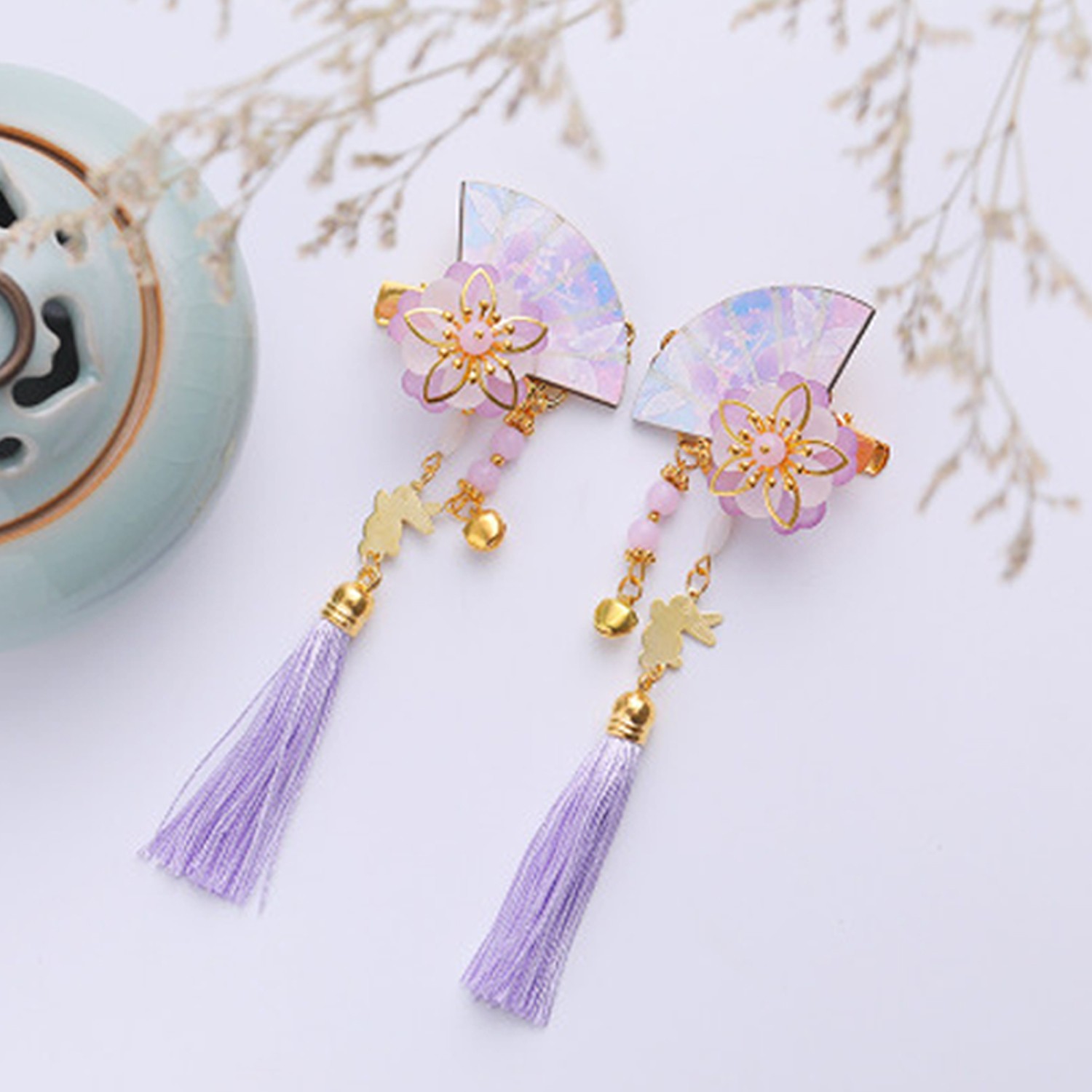 古風髮飾-白兔撲蝶扇形鴨嘴夾-紫色