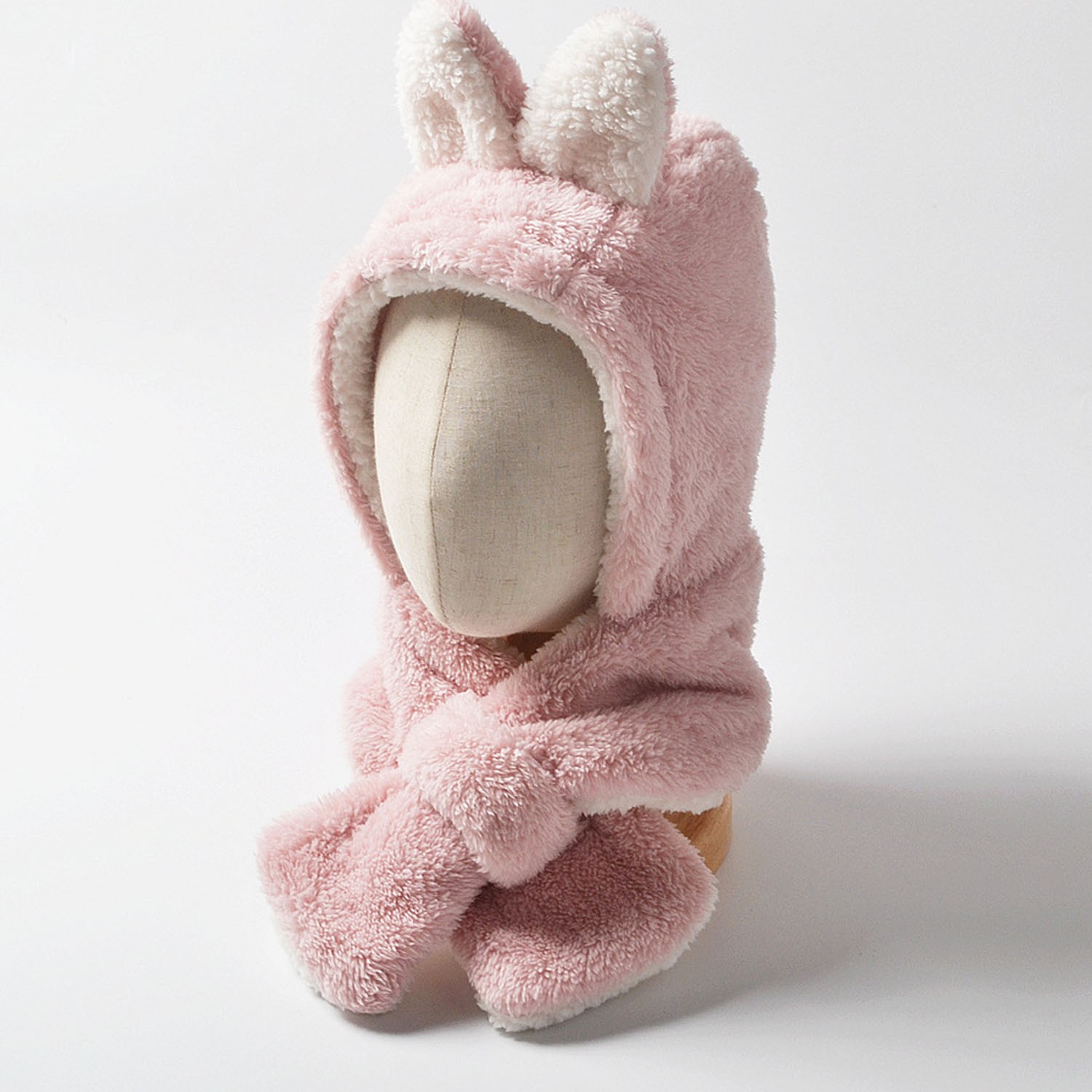 毛絨絨圍脖一體帽-兔子耳朵-粉色 (M(約3歲到8歲))