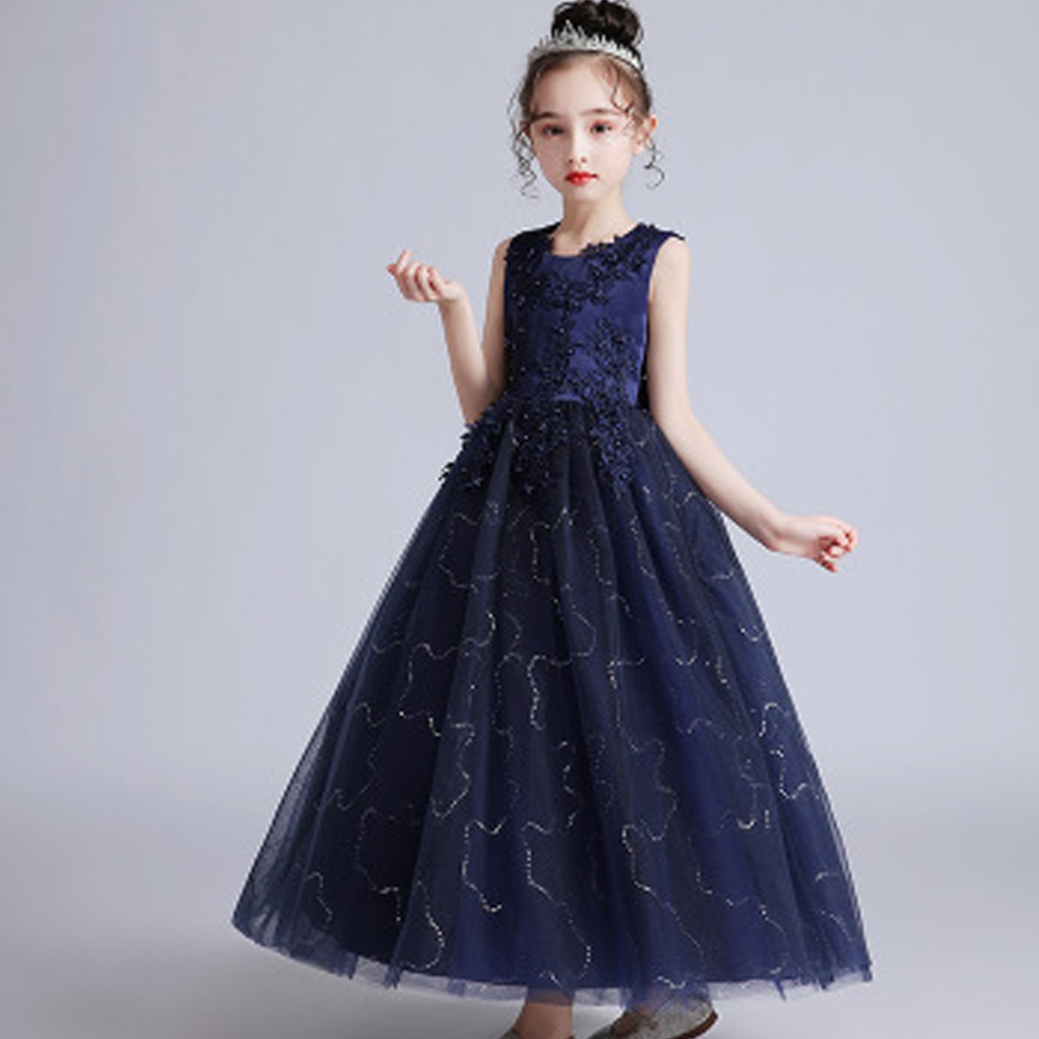 立體雕花緞面禮服-深藍 (120cm)