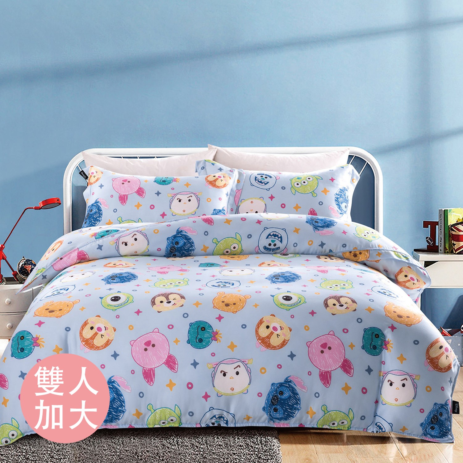 迪士尼天絲床包枕套三件組-TSUM TSUM-藍色-雙人加大