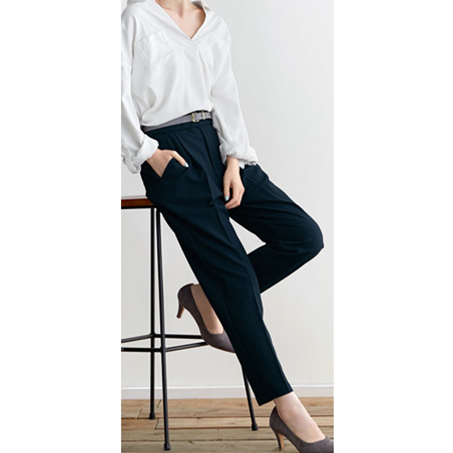 高腰打褶美腿西裝褲-深藍 (M)