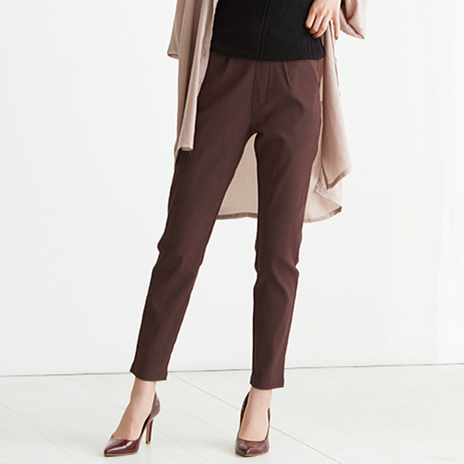 舒適修身彈性 美人褲-可可 (S)