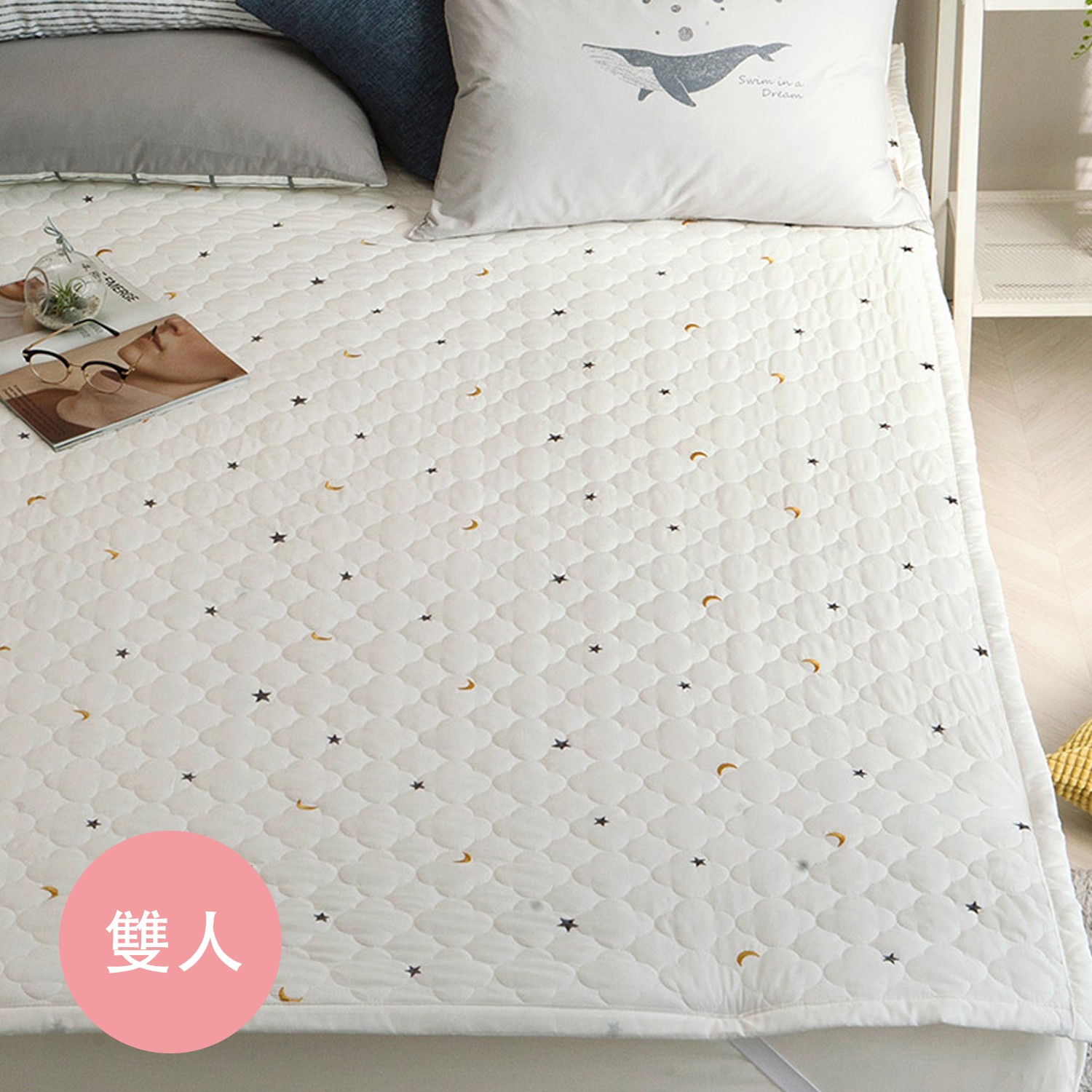 純棉3層防水墊/保潔墊-寂靜星空-白 (Q(150X200cm)-雙人床)