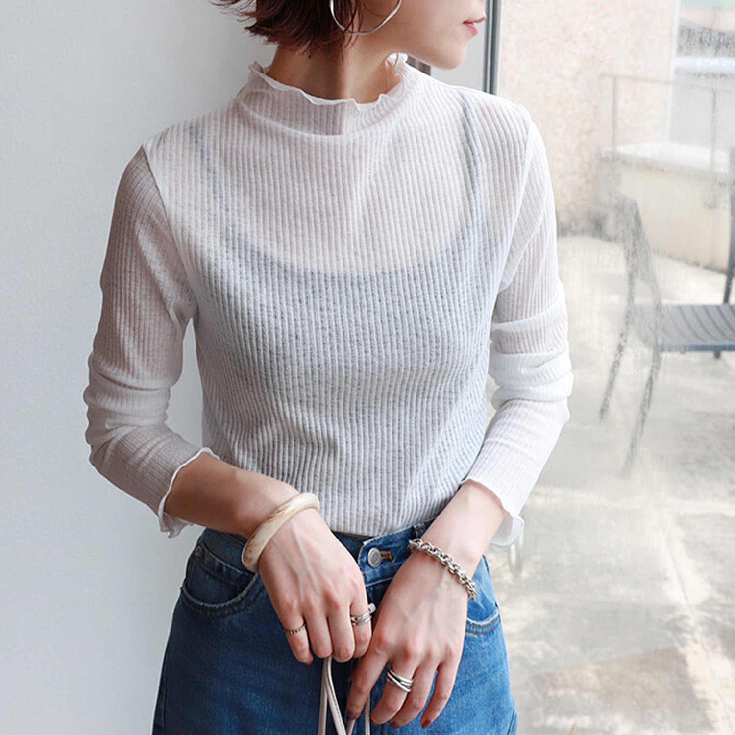 木耳邊透膚羅紋長袖上衣-白 (M)-6001445