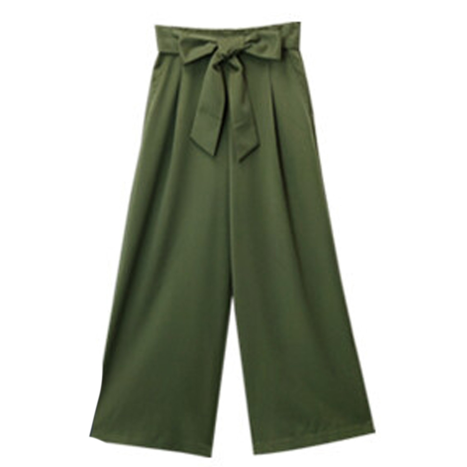 2way蝴蝶結綁帶鬆緊寬褲-墨綠 (S)-1000515
