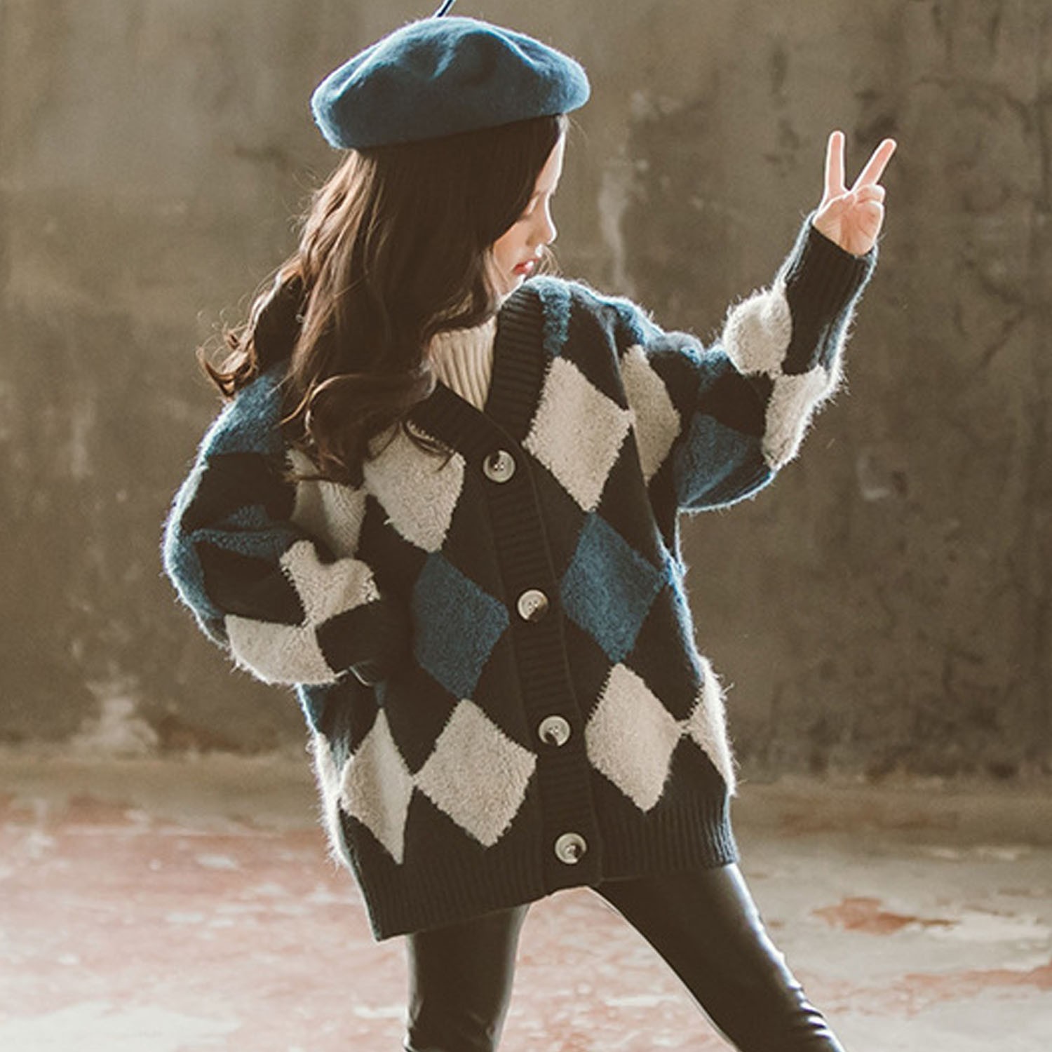 水貂絨格紋針織外套-藏青 (110cm)