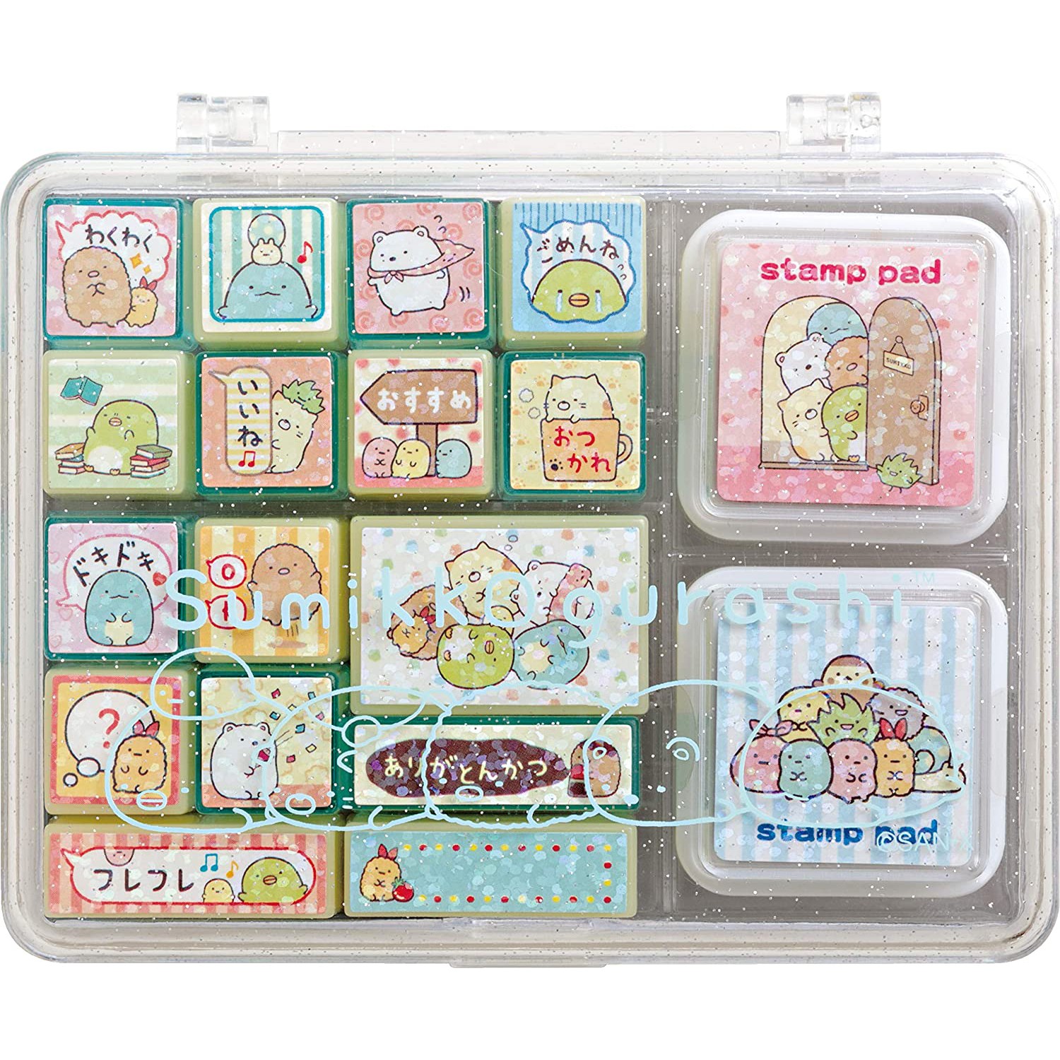 角落生物印章組(雙色印泥) (10.5*8*3cm)-16款印章(印泥:紅+藍)