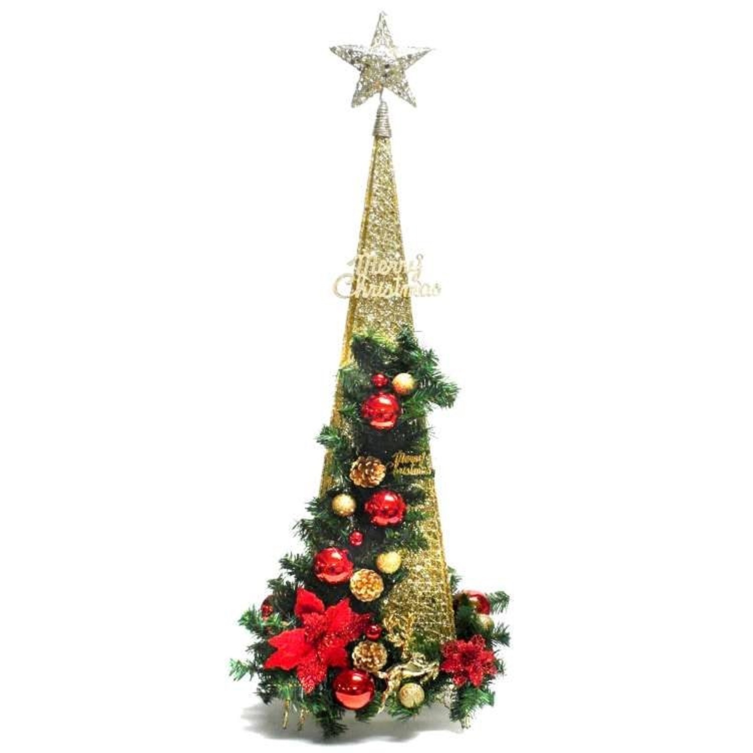 紅金色系聖誕裝飾星星四角樹塔聖誕樹+LED50燈插電式燈串四彩光(附贈IC控制器) (90CM)