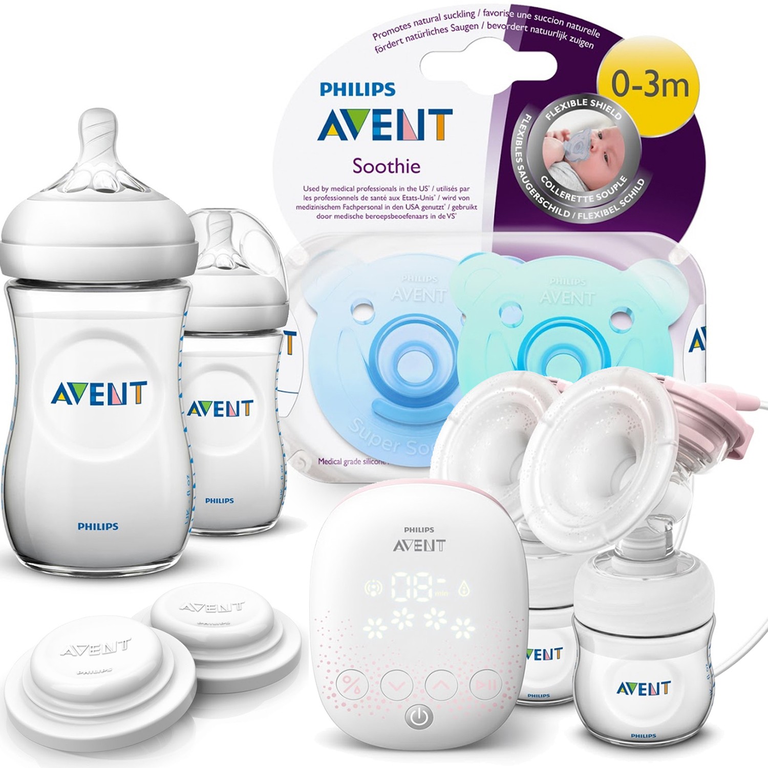 雙吸超值組-雙邊電動吸乳器+PP防脹氣奶瓶雙入組 (260ml*2 ; 奶嘴1月+)兩組+密封墊+安撫奶嘴0~3M 熊熊雙入奶嘴 (藍/綠)