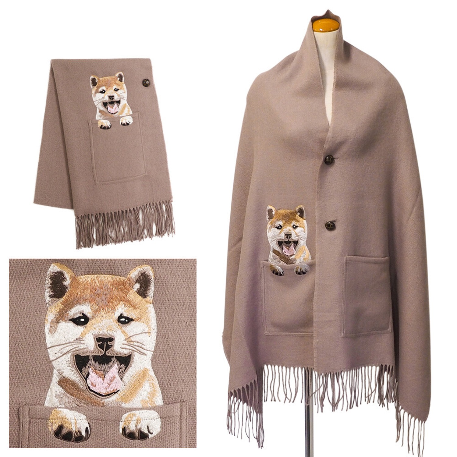 2way 質感圍巾/批肩(附釦子&口袋)-柴犬-摩卡 (60x210cm)