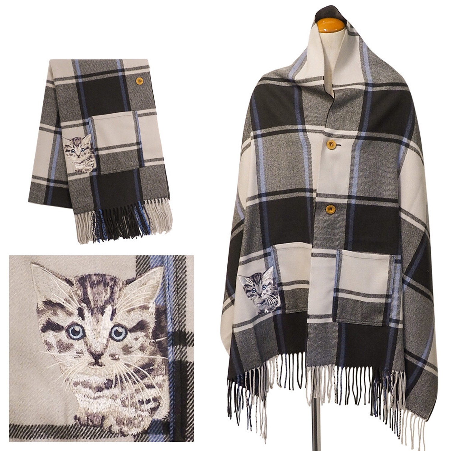 2way 質感圍巾/批肩(附釦子&口袋)-虎斑貓-黑米格紋 (60x210cm)