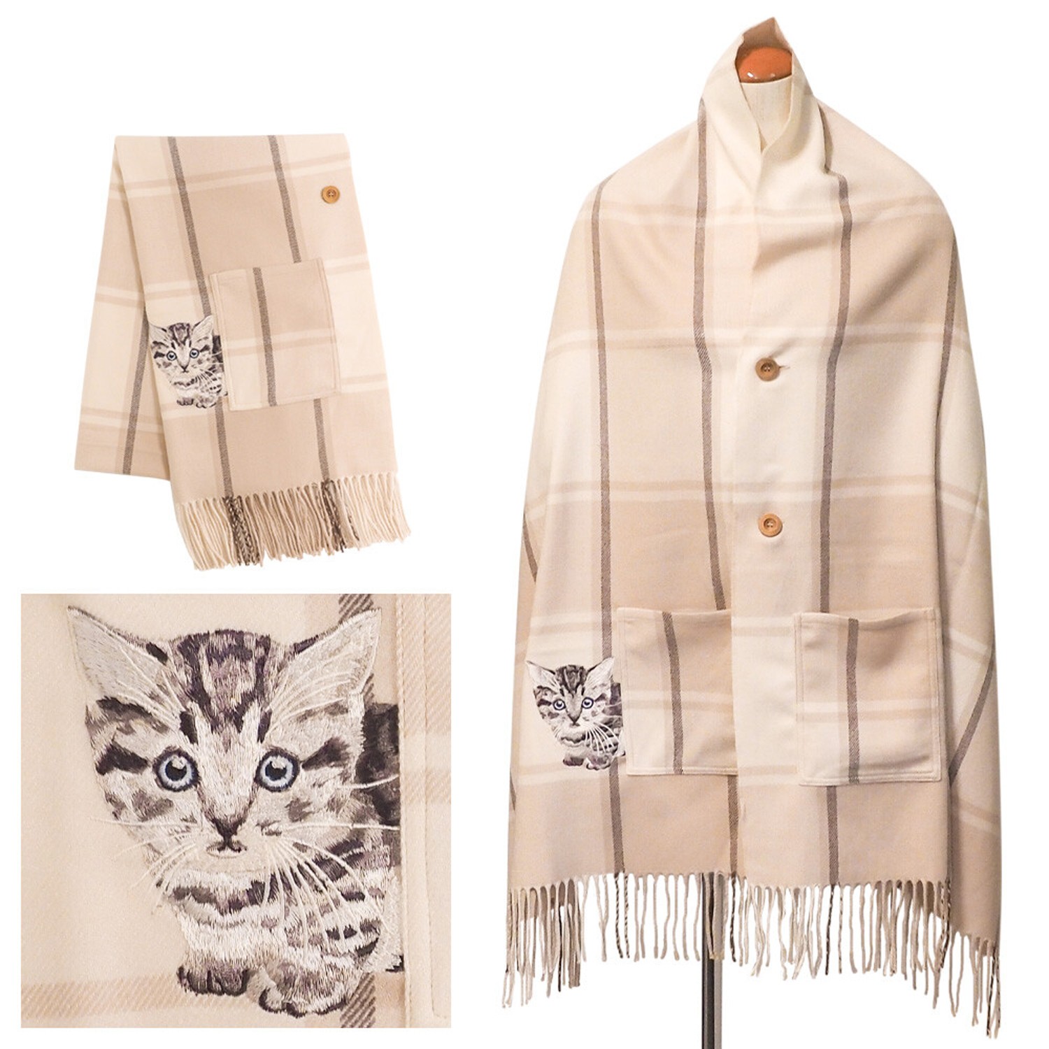 2way 質感圍巾/批肩(附釦子&口袋)-虎斑貓-灰杏格紋 (60x210cm)