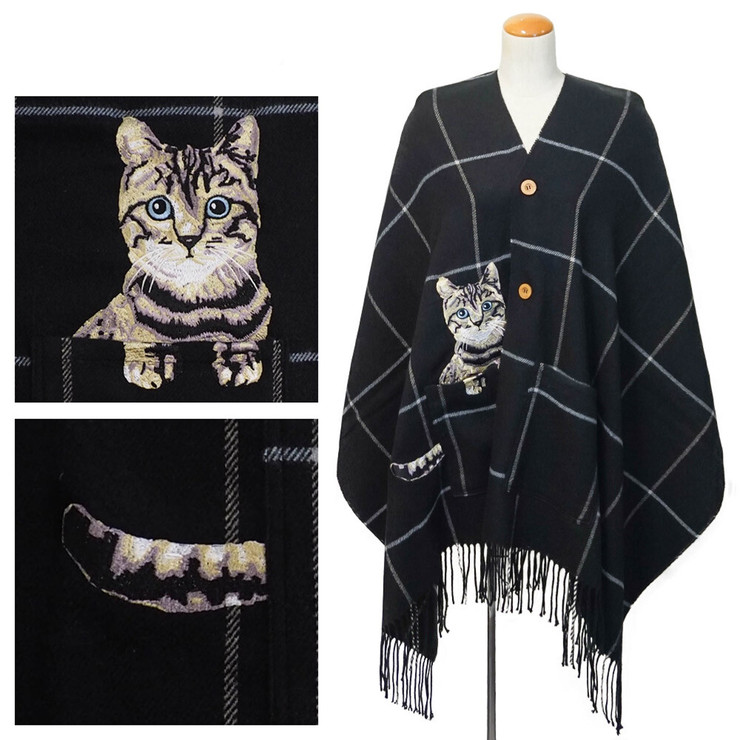 2way 質感圍巾/批肩(附釦子&口袋)-虎斑貓-黑底格子 (60x210cm)