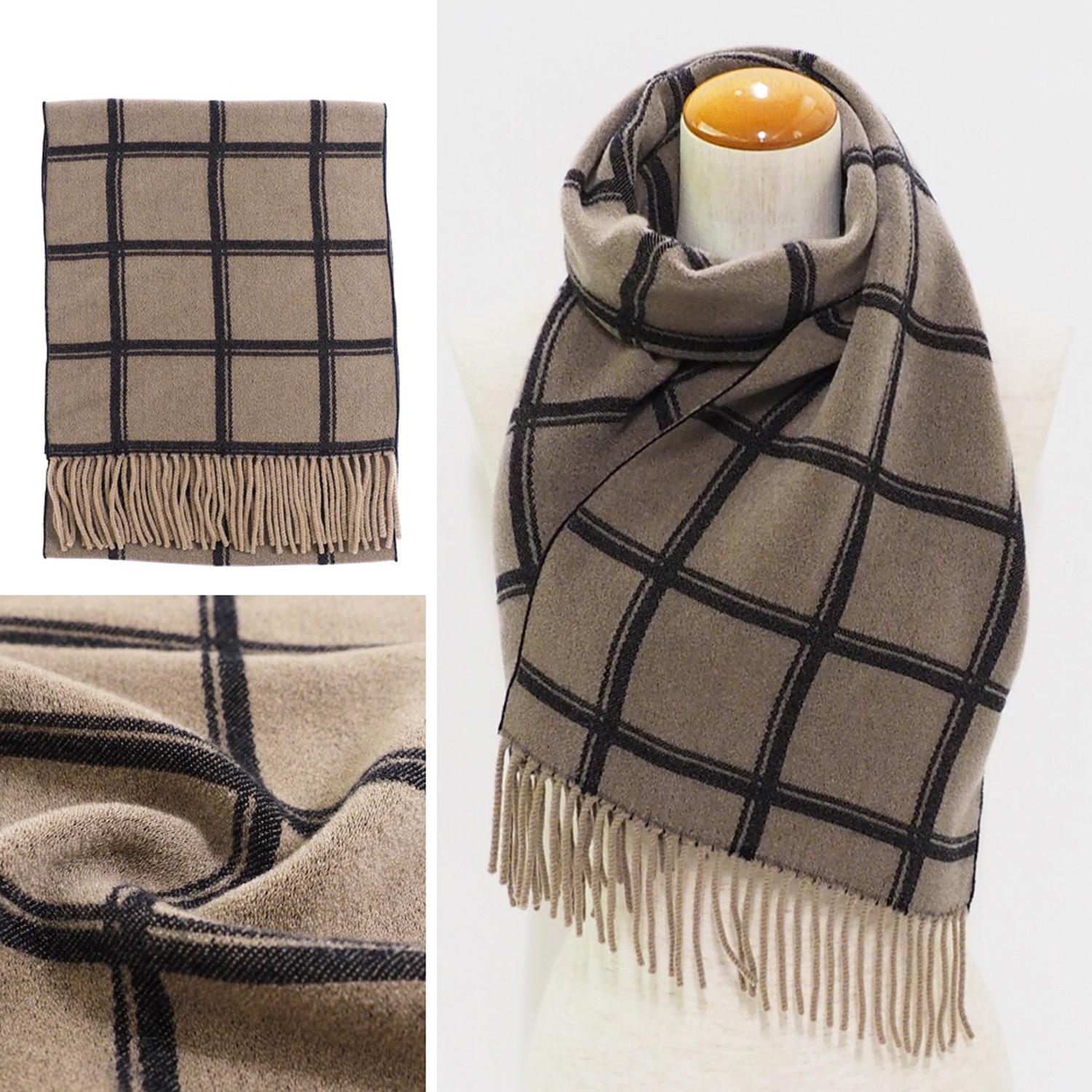 日本製 質感圍巾-格子-灰杏 (28x160cm)