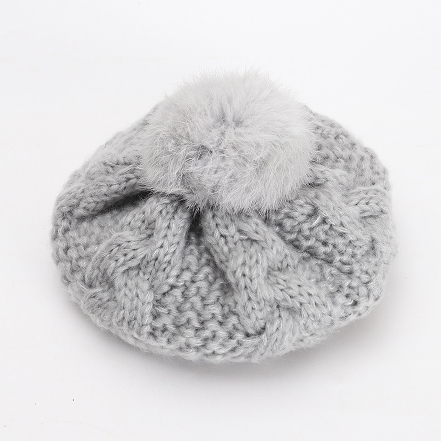 針織毛球貝雷帽-灰色 (52CM（2-5Y）)