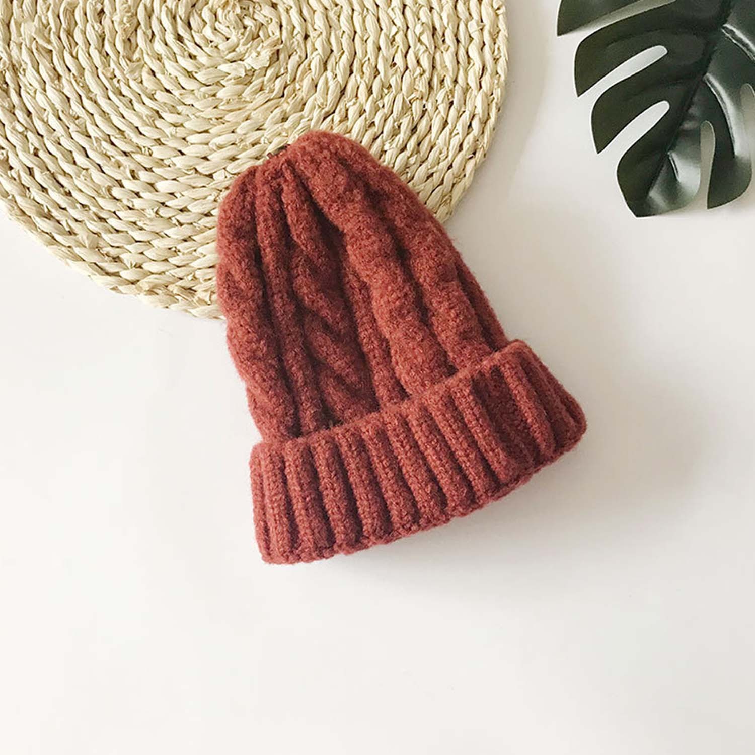 百搭麻花針織帽-磚紅 (51-53cm)