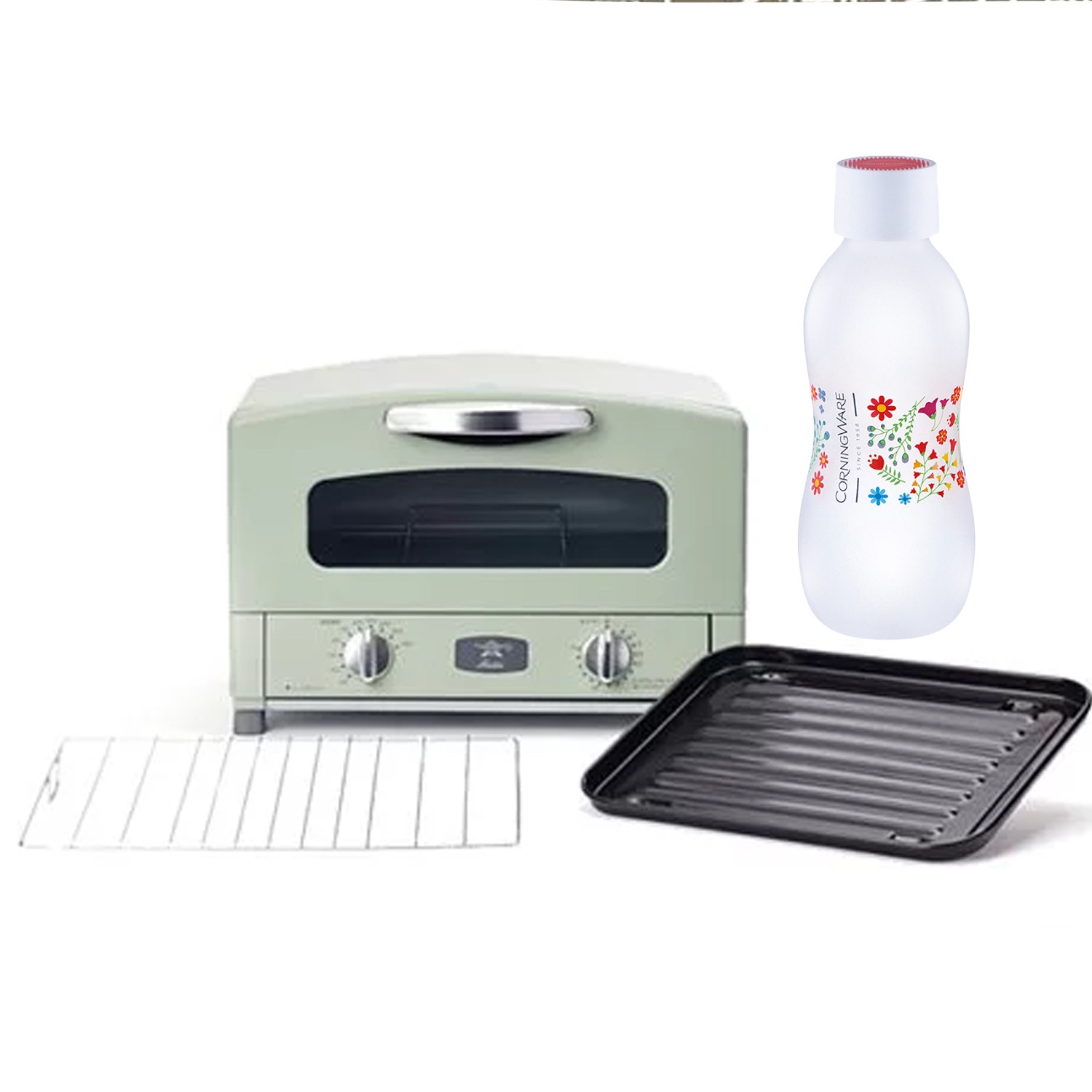 阿拉丁「專利0.2秒瞬熱」復古多用途烤箱-二枚燒-附烤盤烤網+康寧X BOTTLE 樂飲暢行杯500ML-綠色
