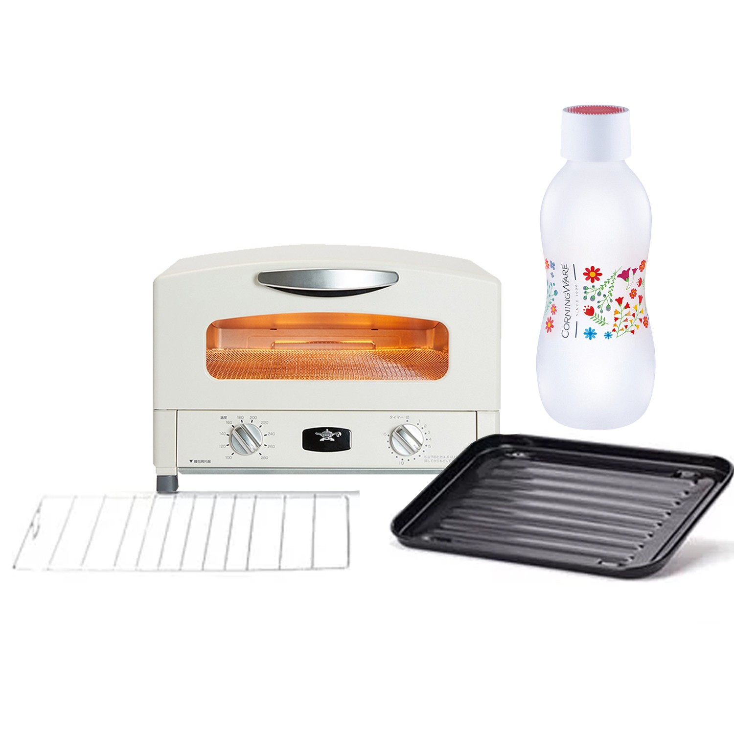 阿拉丁「專利0.2秒瞬熱」復古多用途烤箱-二枚燒-附烤盤烤網+康寧X BOTTLE 樂飲暢行杯500ML-白色