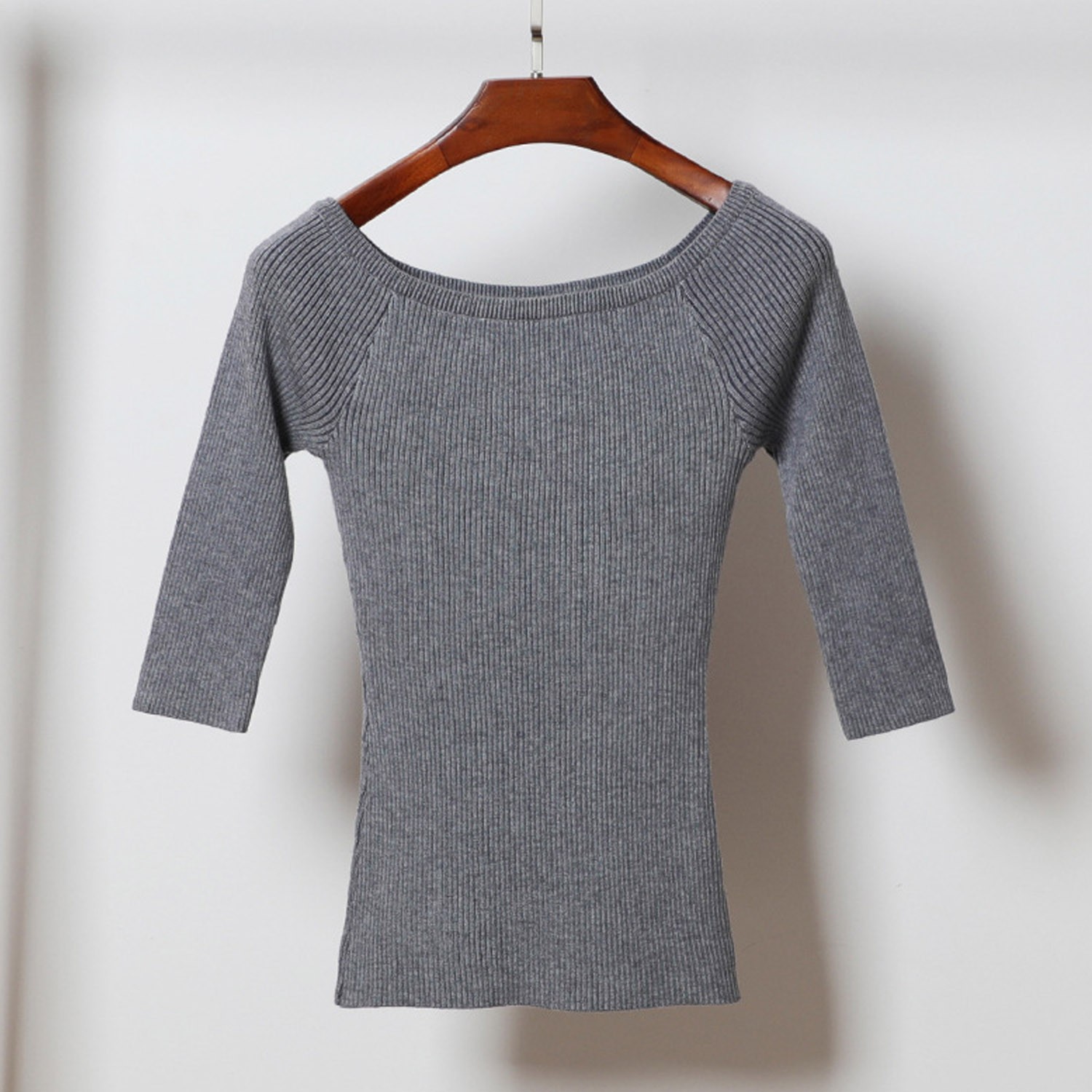心機領五分袖修身針織衫-深灰 (M)