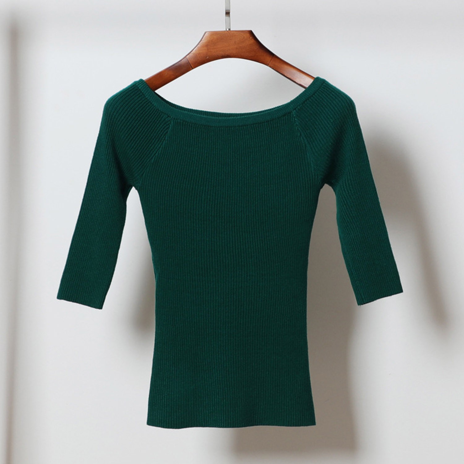 心機領五分袖修身針織衫-墨綠 (M)