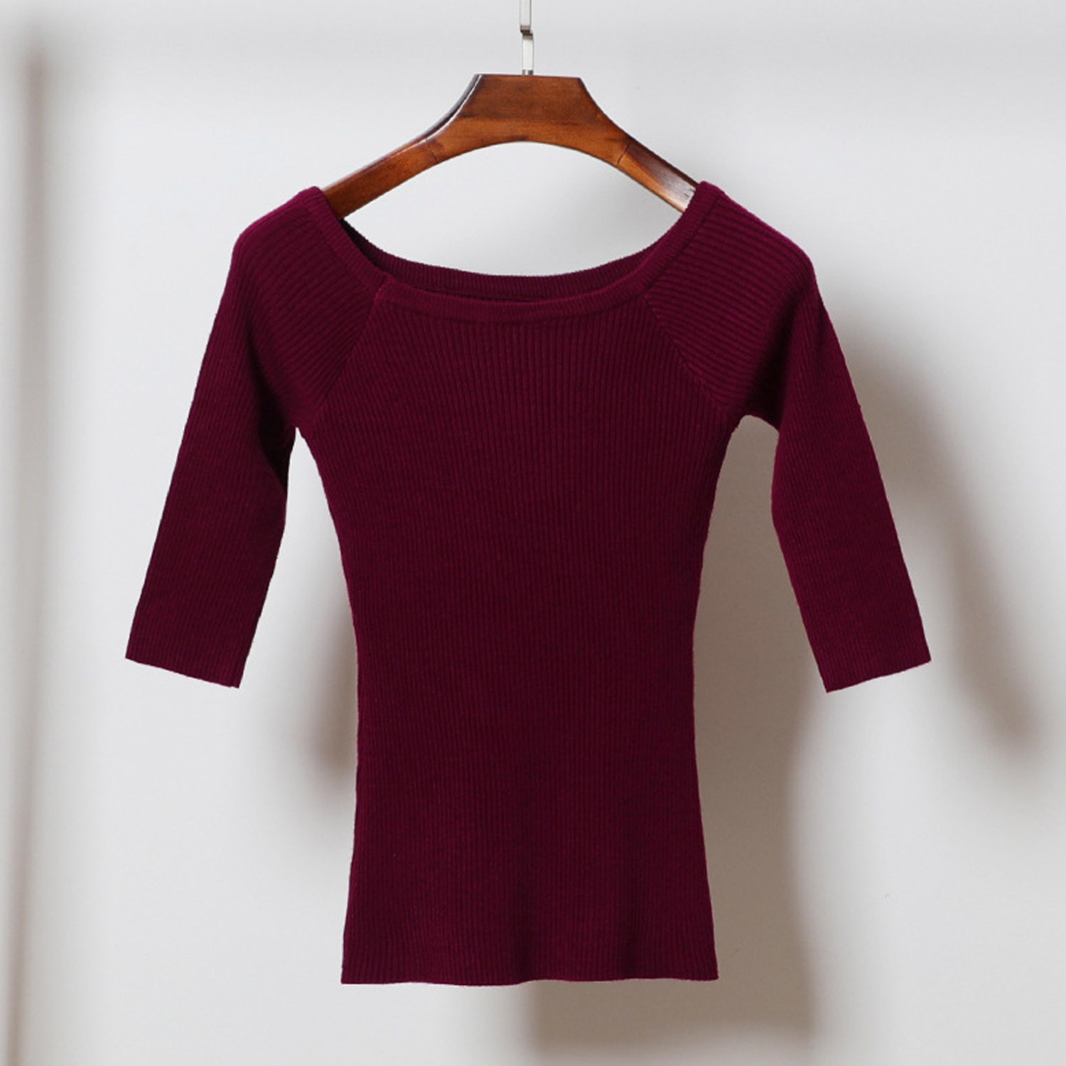 心機領五分袖修身針織衫-酒紅 (M)