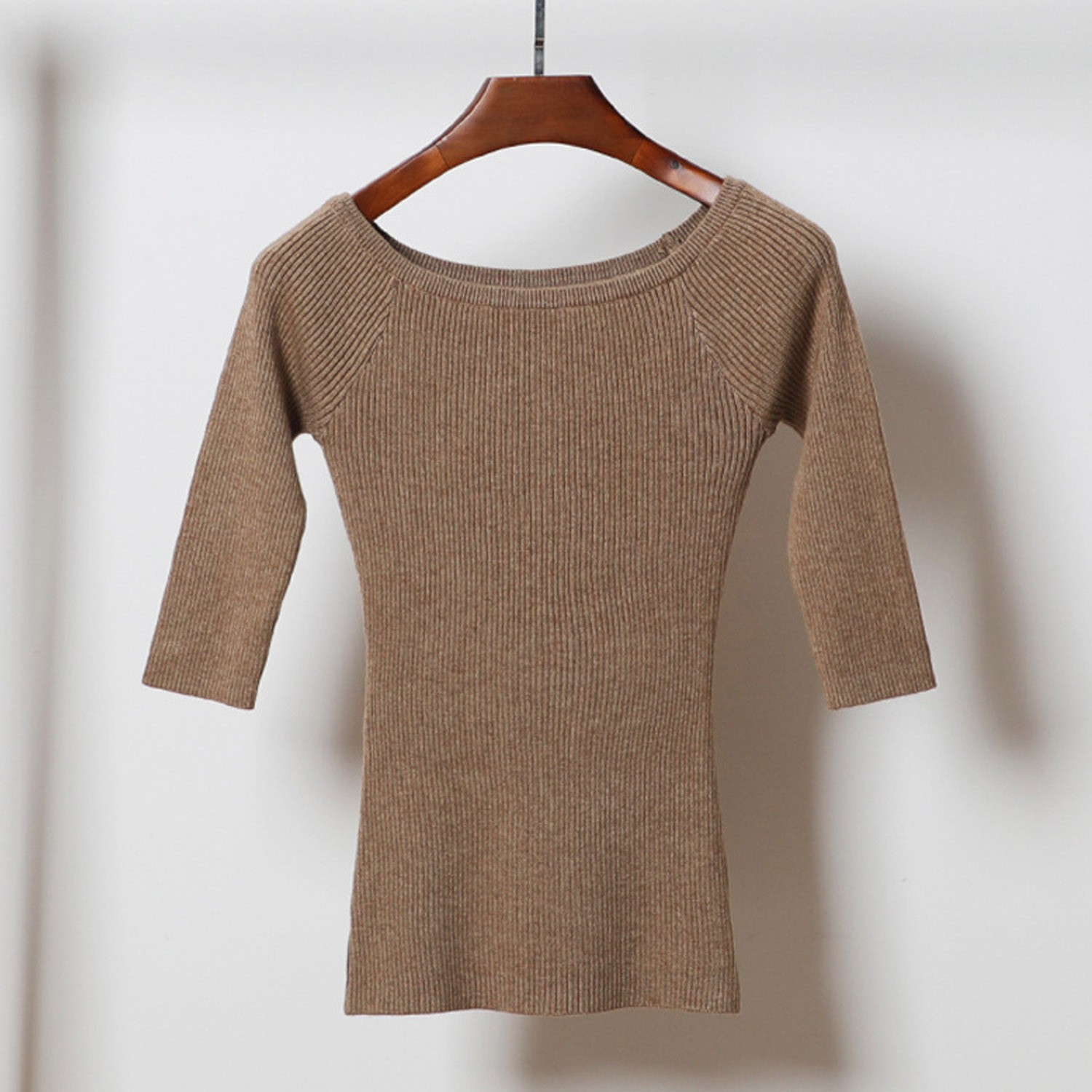 心機領五分袖修身針織衫-駝色 (M)