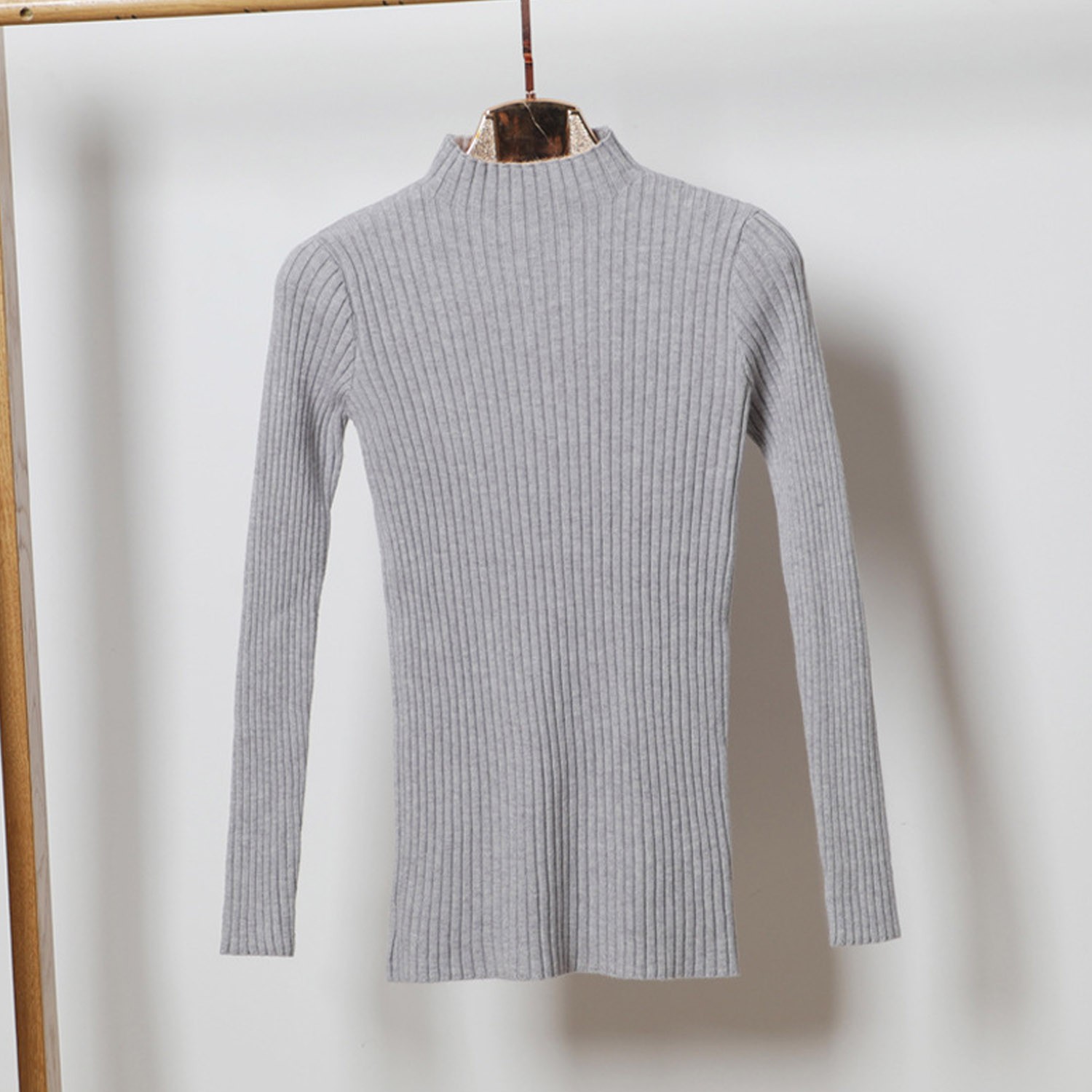 知性風半高領修身針織衫-淺灰 (M)