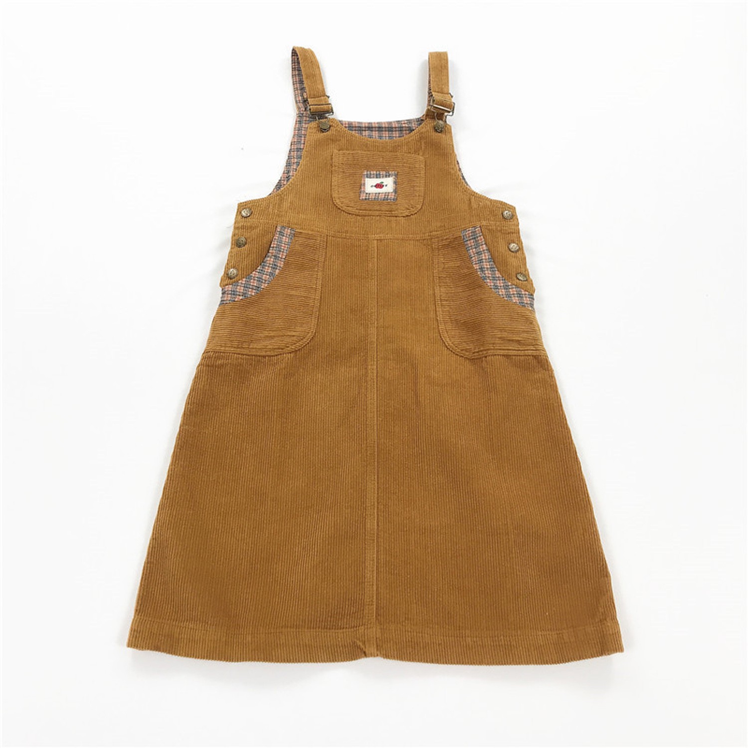 復古拼接格紋燈芯絨吊帶裙-卡其 (成人款均碼)