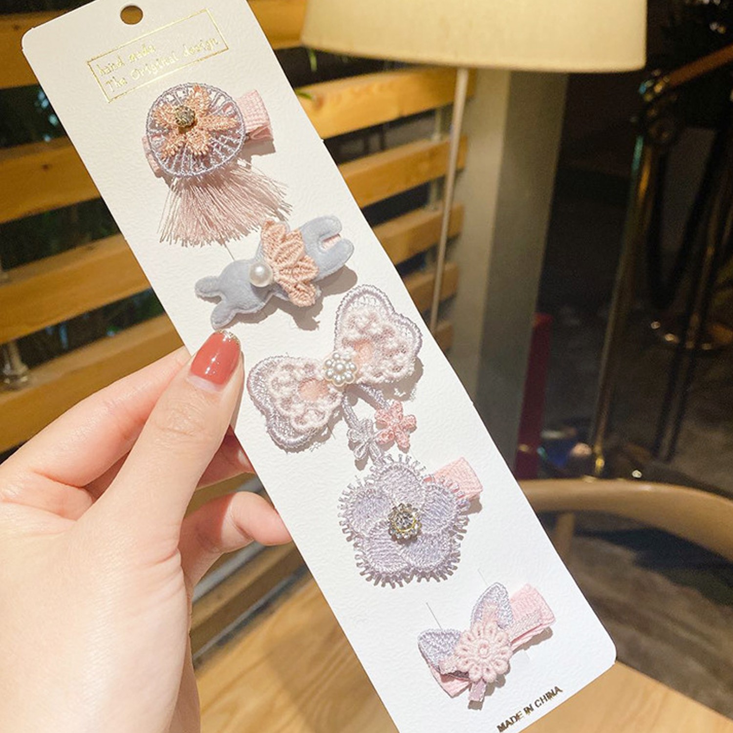 手工拼布蕾絲髮夾-捕夢網 (一組5入)