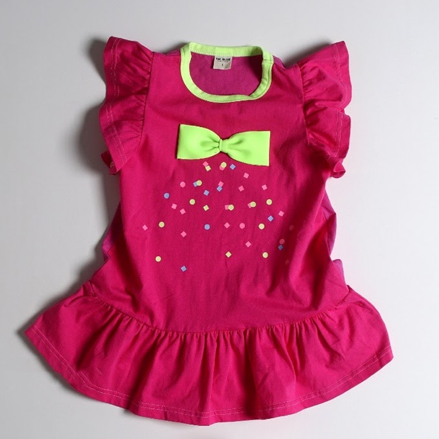 荷葉袖撞色蝴蝶結洋裝-桃粉 (5號(90-95cm,10-13kg))