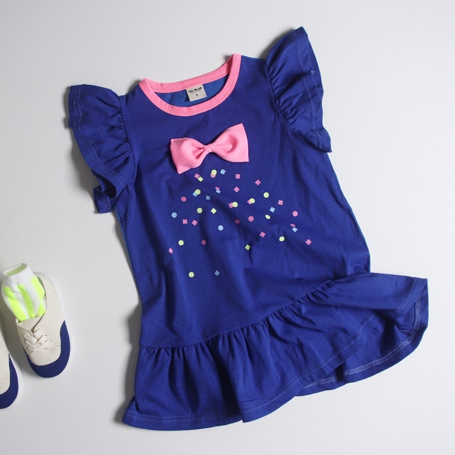 荷葉袖撞色蝴蝶結洋裝-藍紫 (5號(90-95cm,10-13kg))