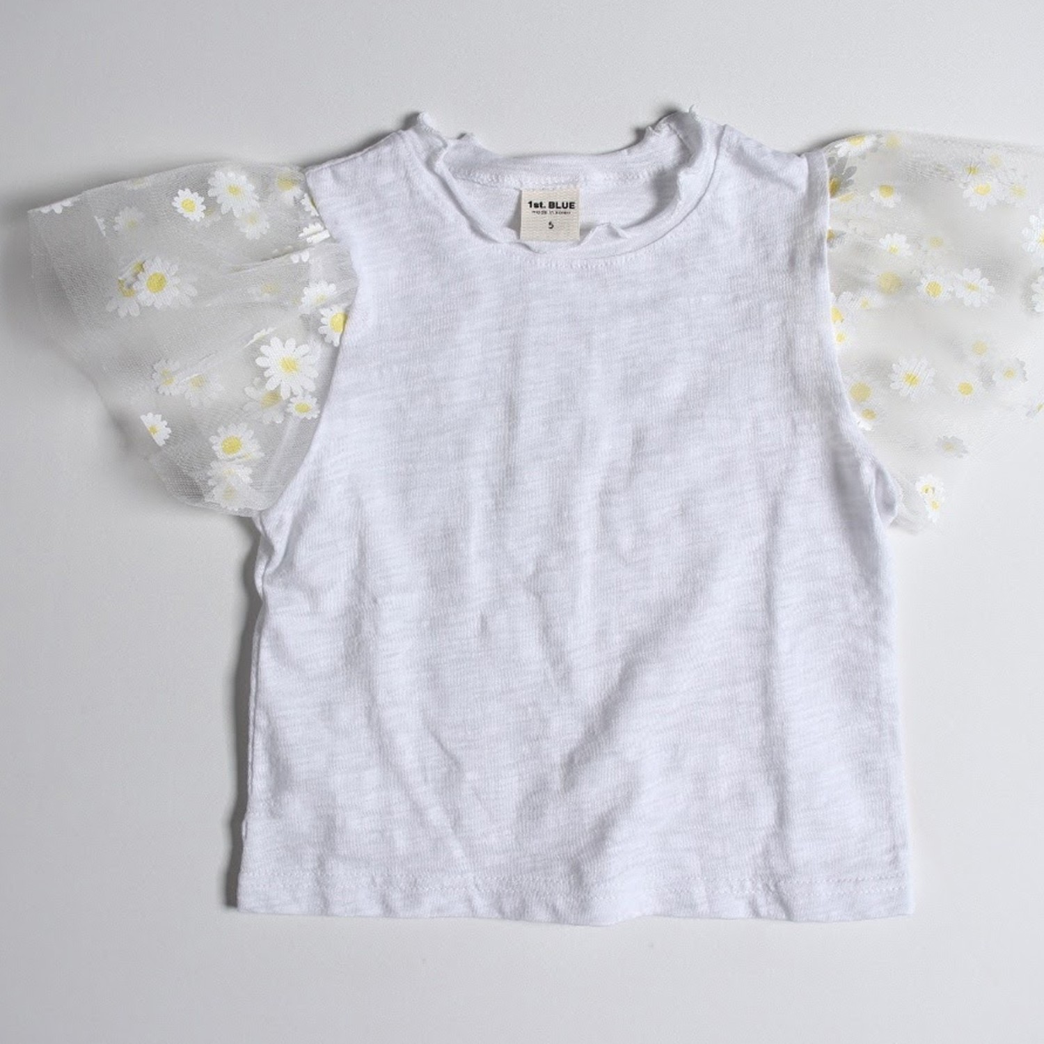 雛菊網紗袖上衣-白 (5號(90-95cm,10-13kg))