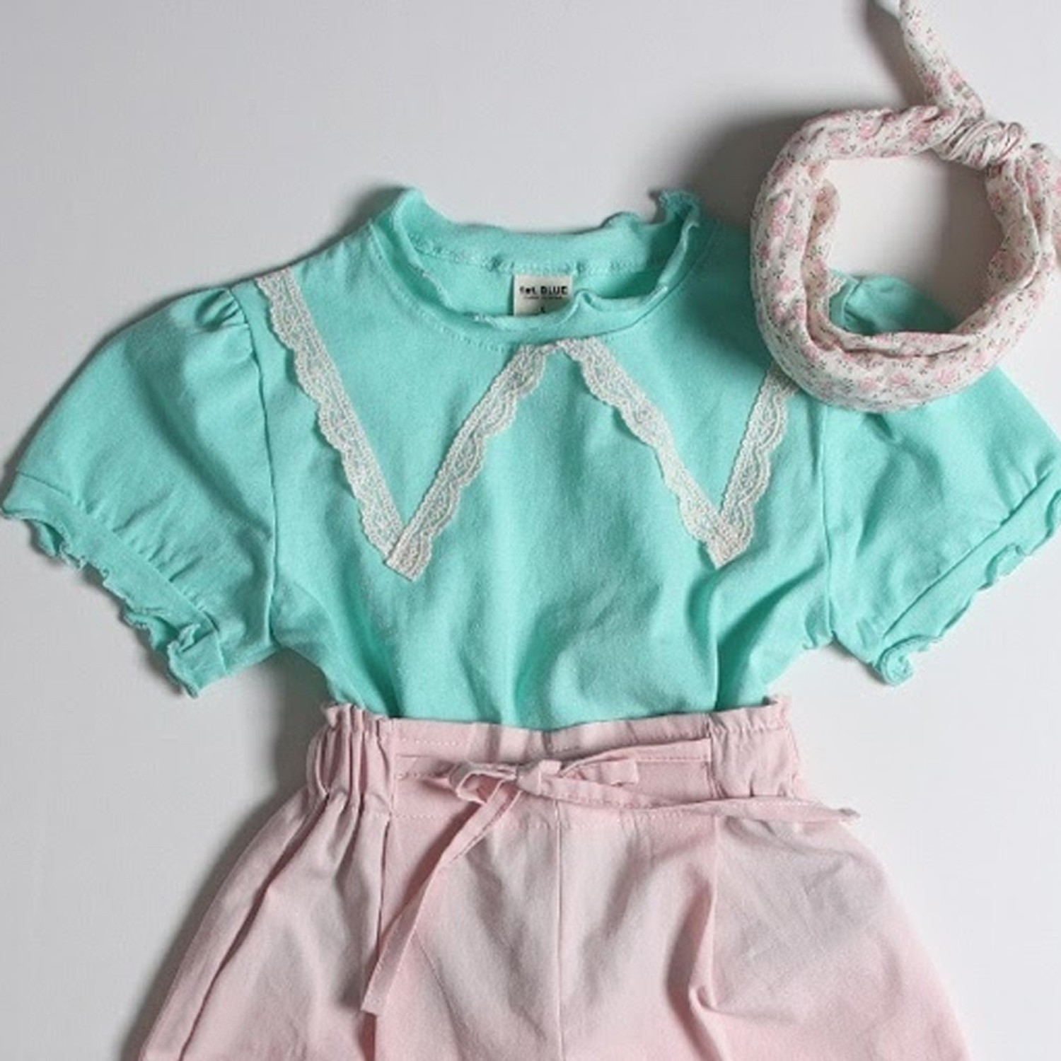 蕾絲裝飾上衣-薄荷綠 (5號(90-95cm,10-13kg))