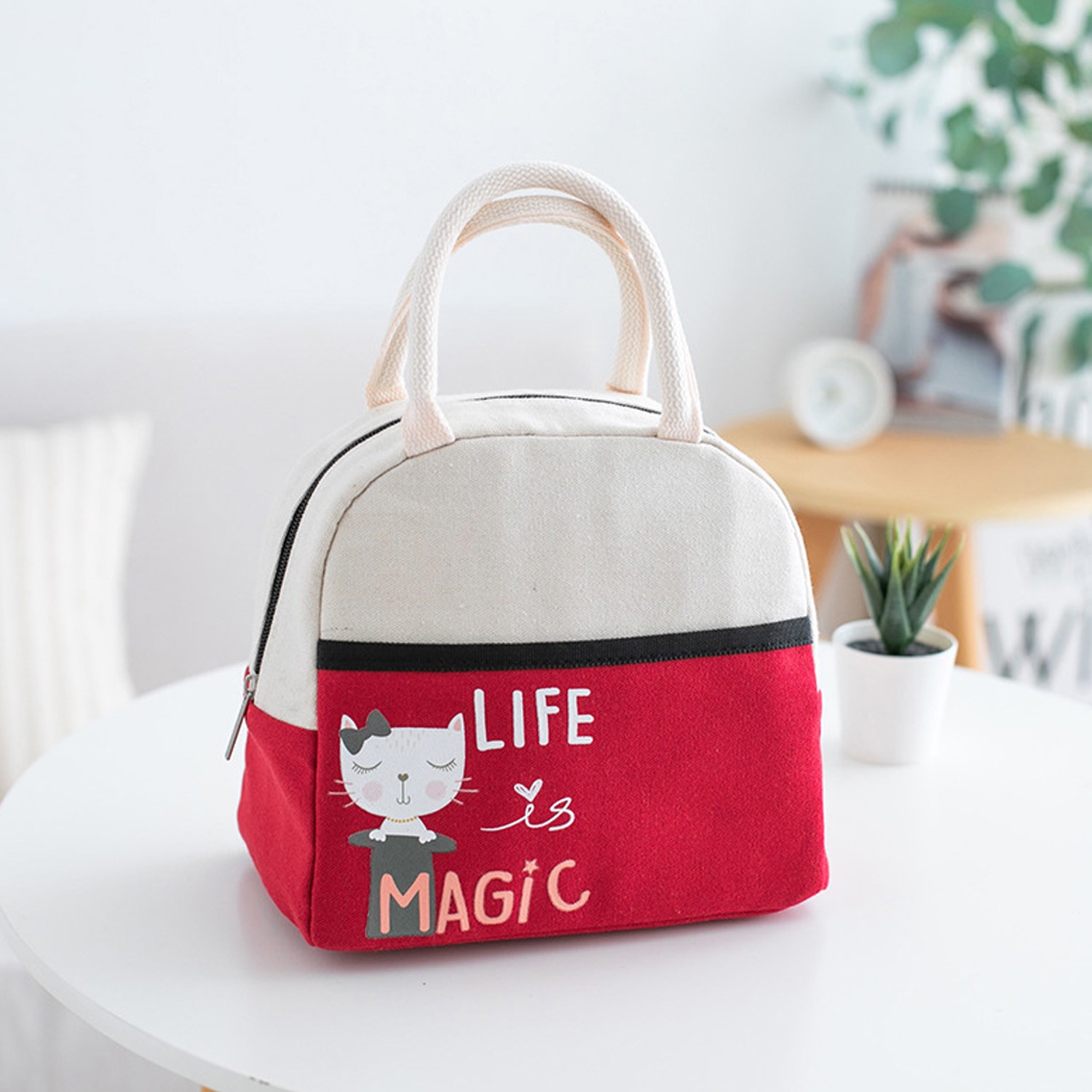 卡通手提保溫午餐包便當袋-紅色 (23*20*14cm)