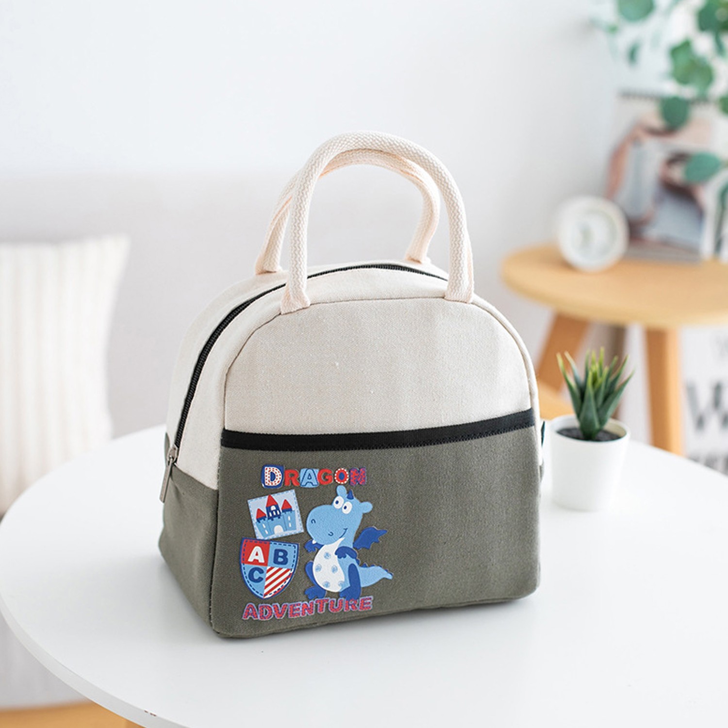 卡通手提保溫午餐包便當袋-灰色 (23*20*14cm)