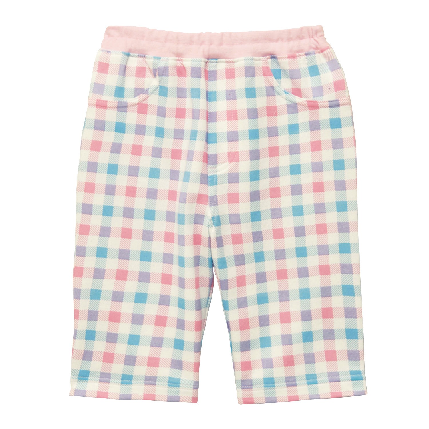 GITA 柔軟舒適百搭口袋七分褲-粉藍格子 (90)