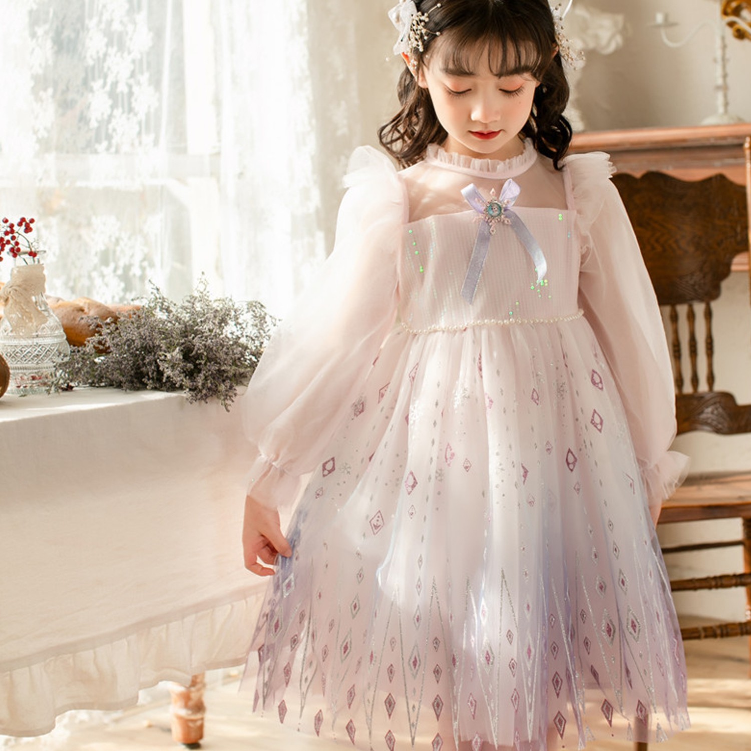 細紗公主袖漸層夢幻洋裝-長袖-淺粉 (110cm)