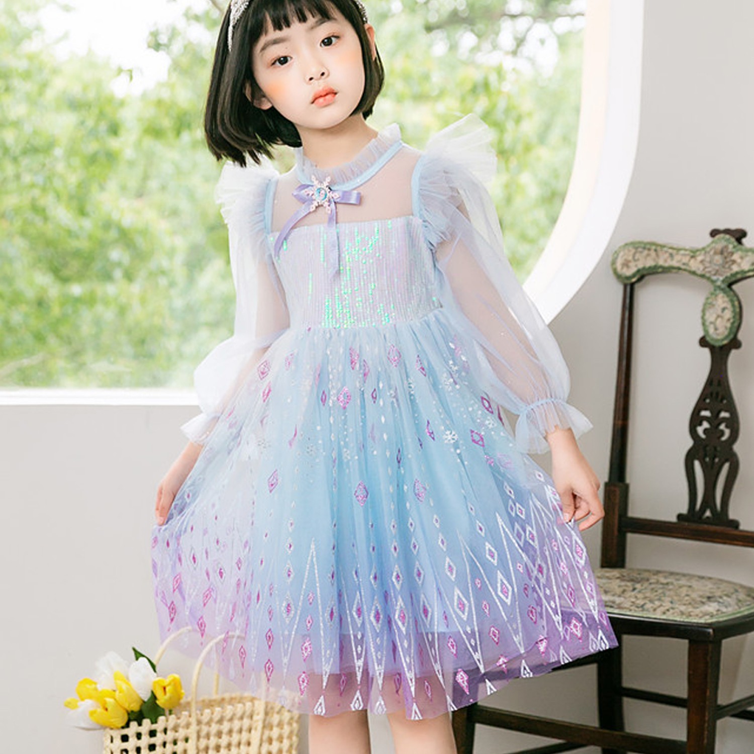 細紗公主袖漸層夢幻洋裝-長袖-冰藍 (110cm)