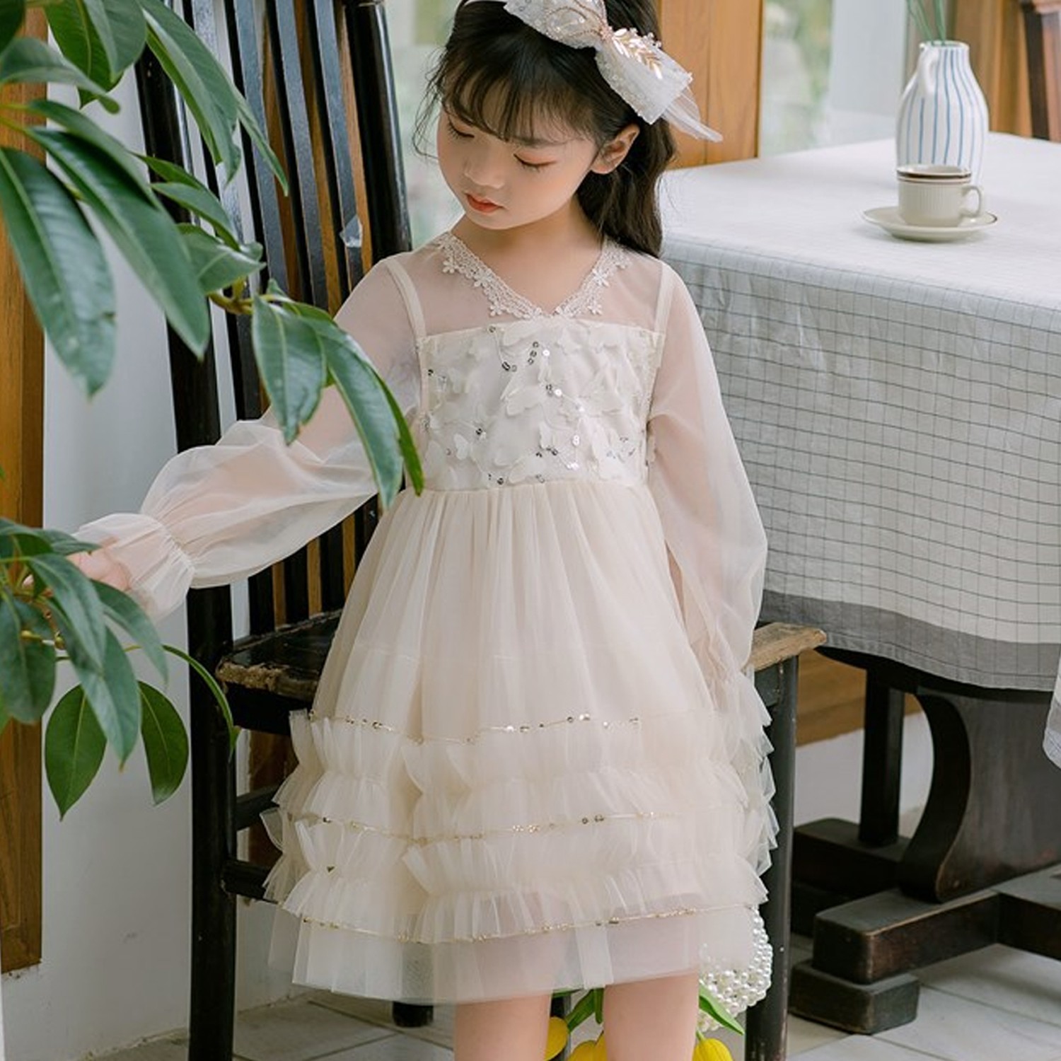 細紗公主袖澎澎裙洋裝-奶白 (110cm)