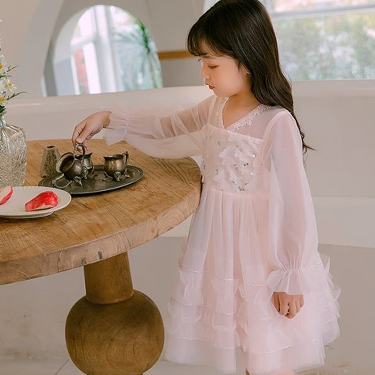 細紗公主袖澎澎裙洋裝-淺粉 (110cm)
