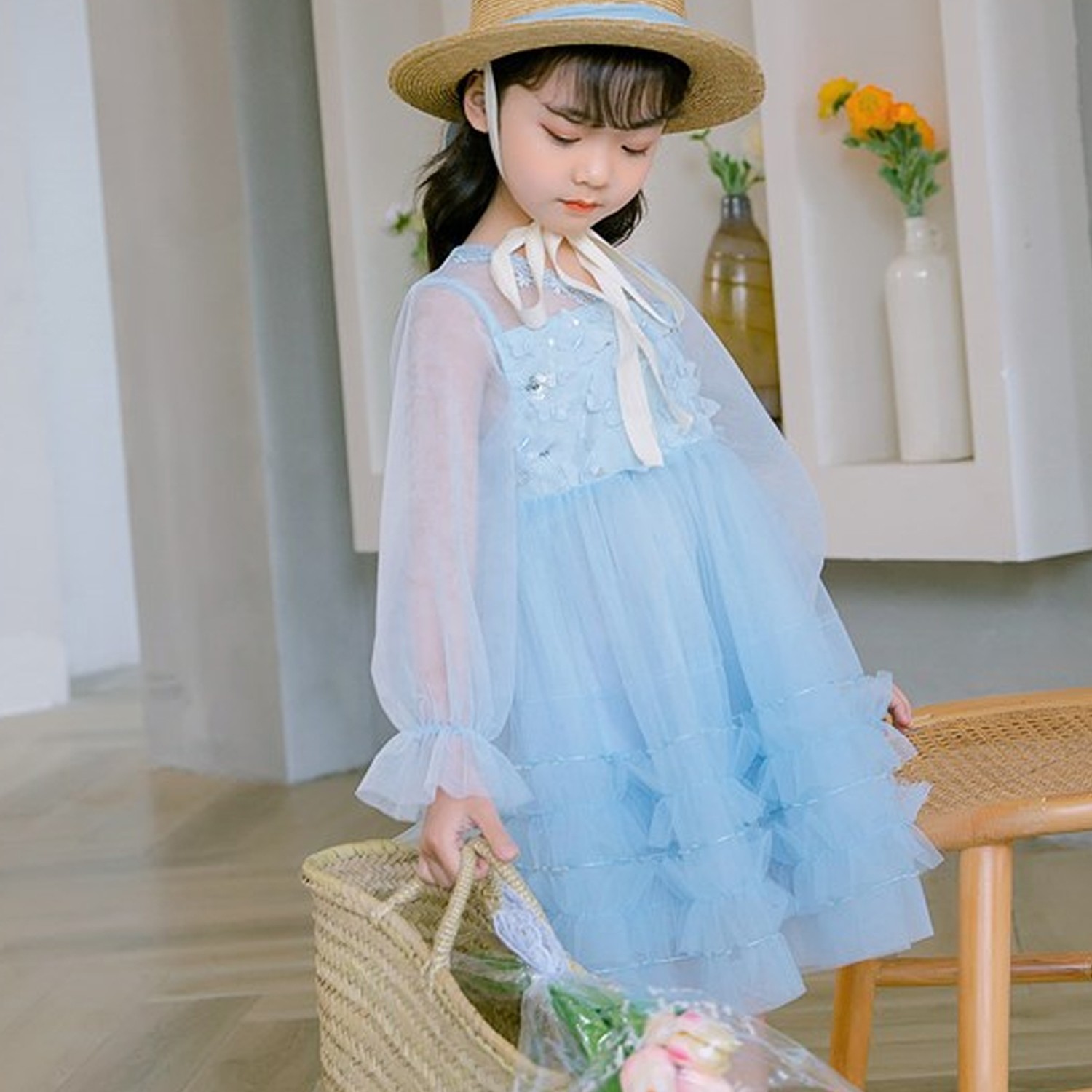 細紗公主袖澎澎裙洋裝-冰藍 (110cm)