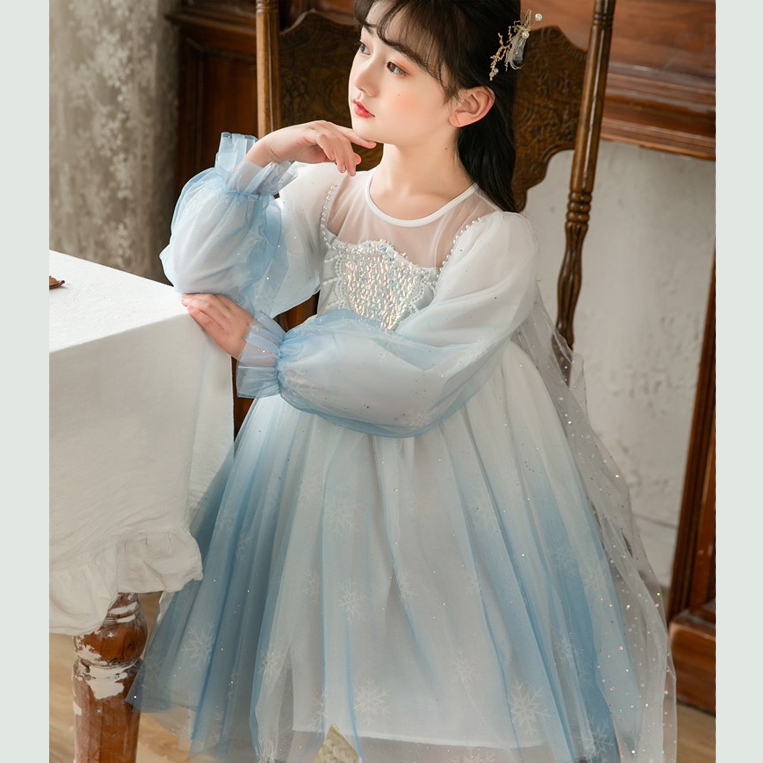 細紗漸層珍珠貝洋裝-冰藍 (110cm)
