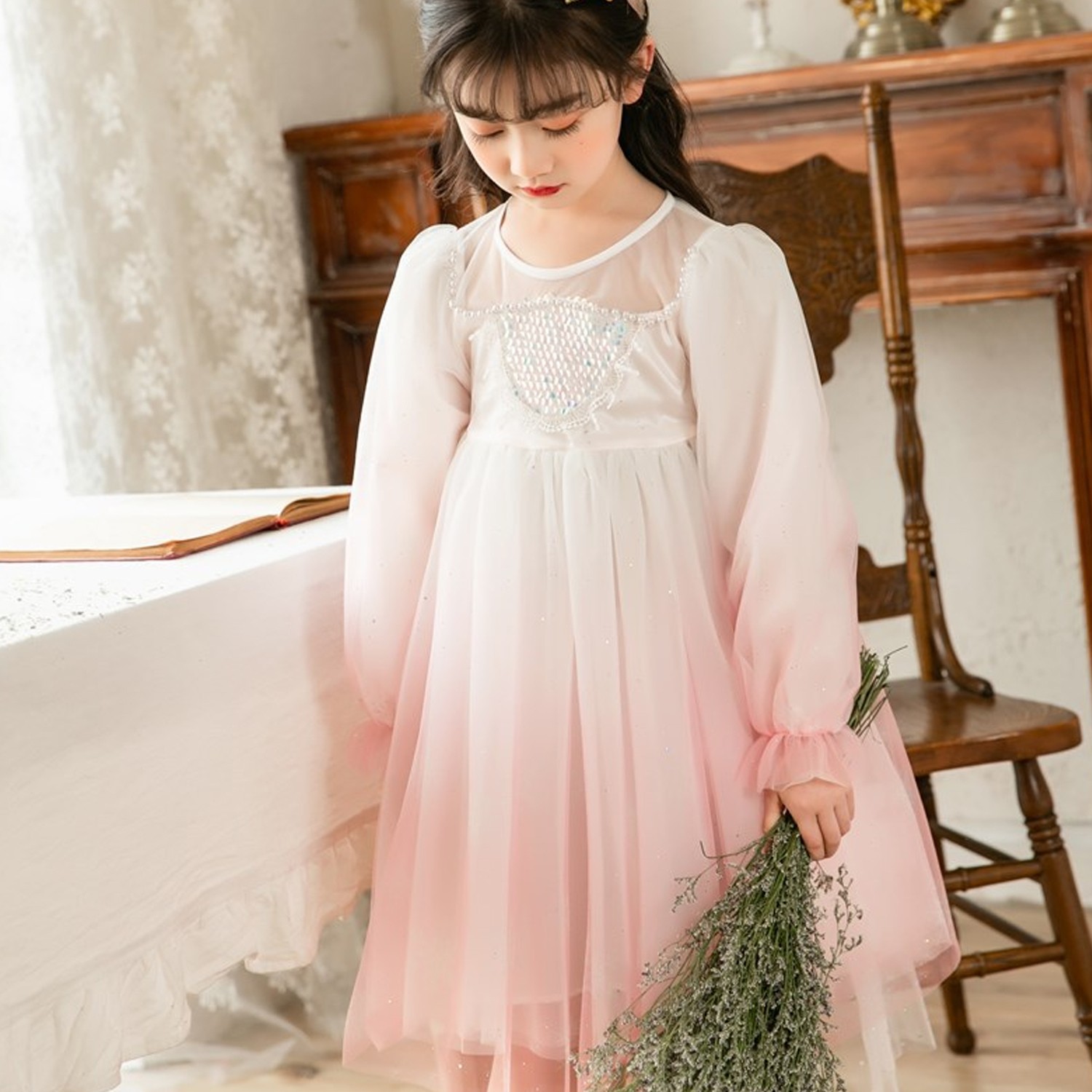 細紗漸層珍珠貝洋裝-淺粉 (110cm)