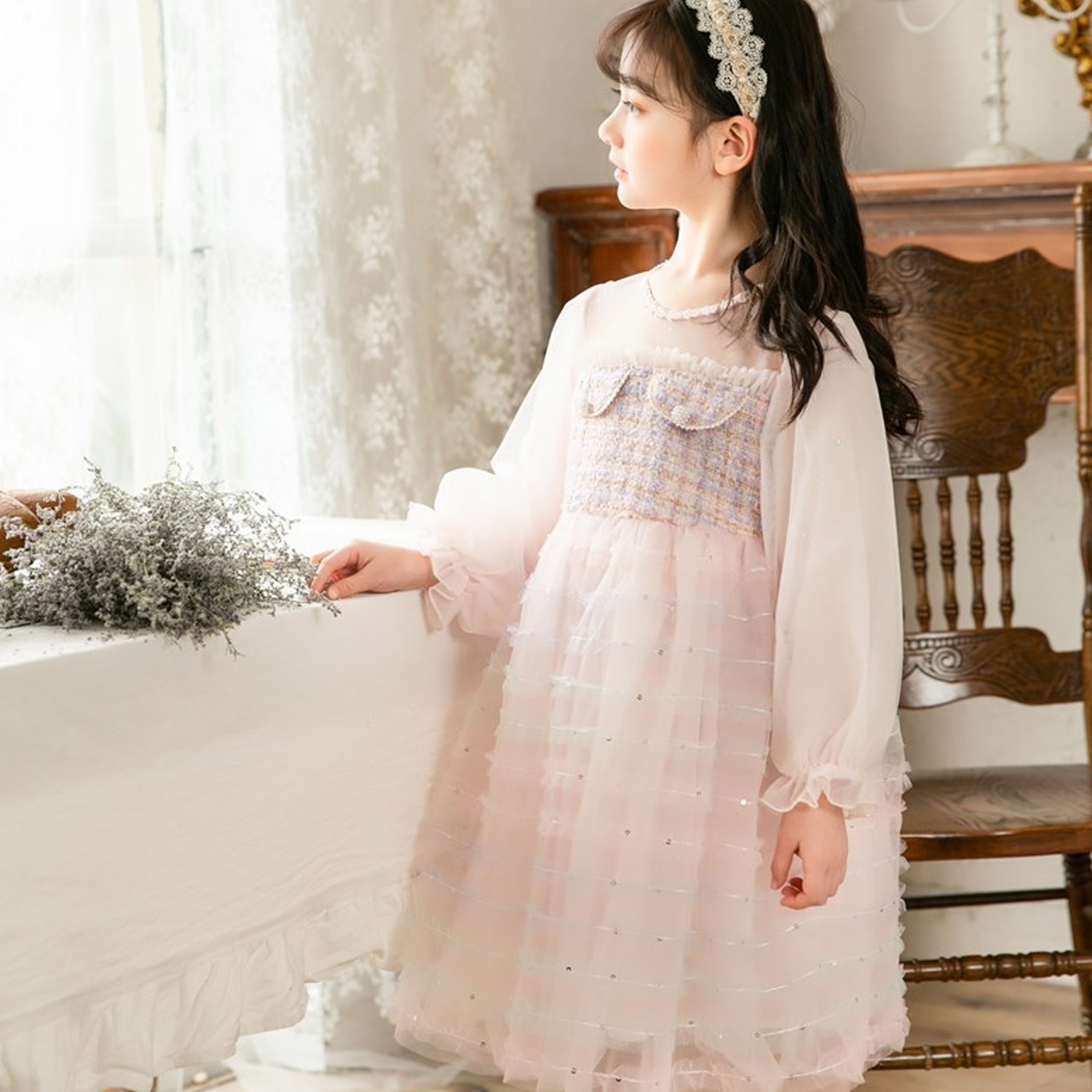 細紗碎格千層蛋糕裙洋裝-蜜桃粉 (110cm)