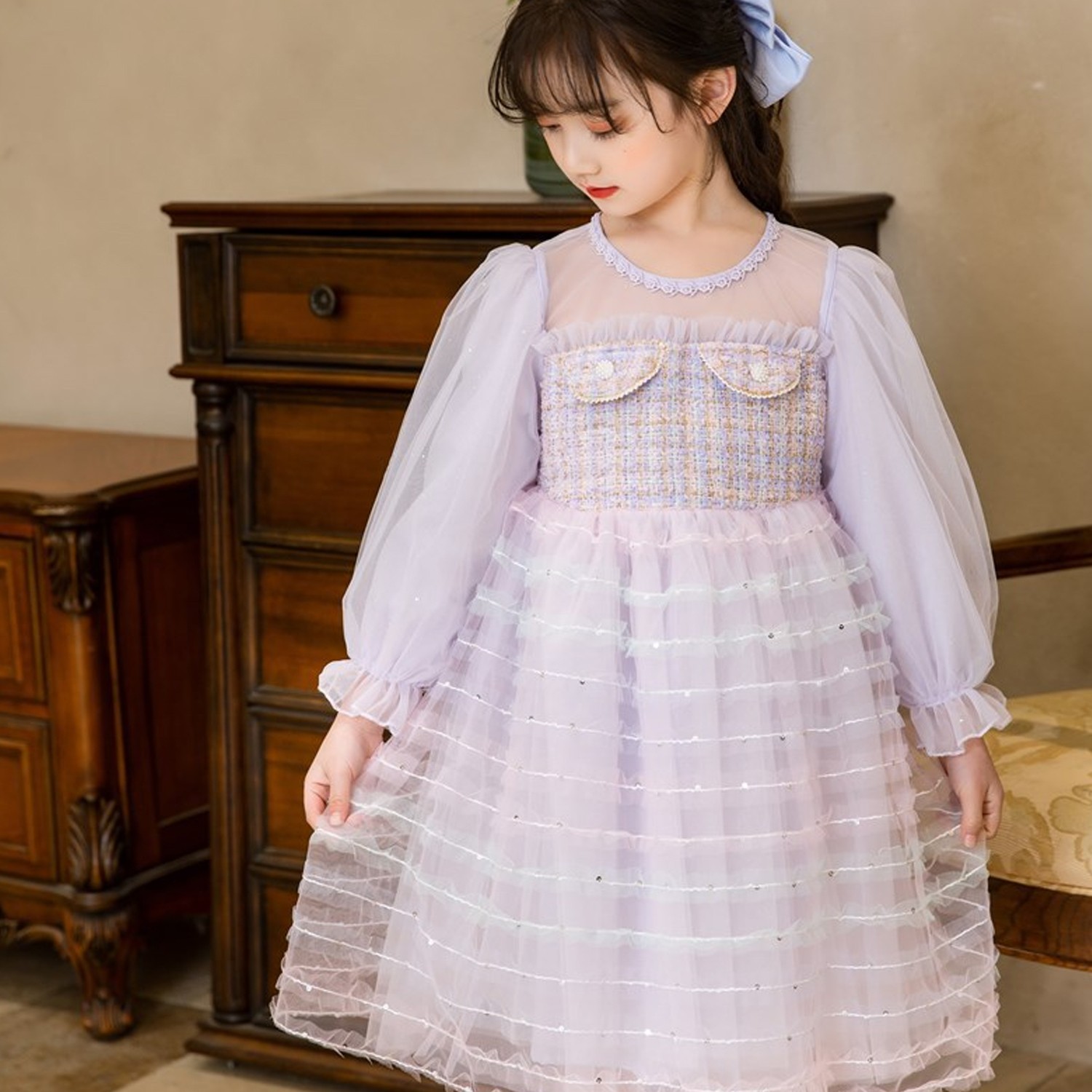 細紗碎格千層蛋糕裙洋裝-薰衣紫 (110cm)