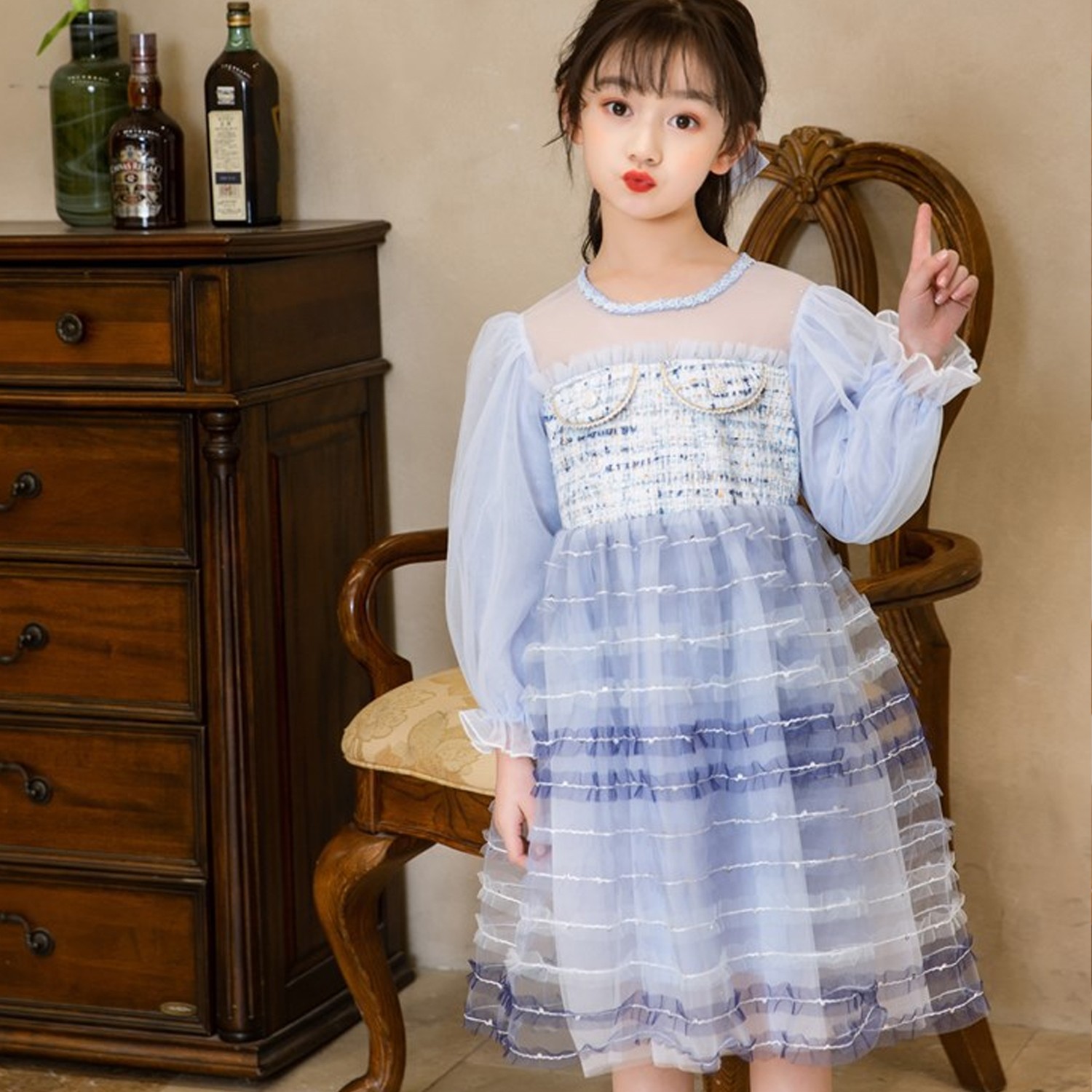 細紗碎格千層蛋糕裙洋裝-冰雪藍 (110cm)