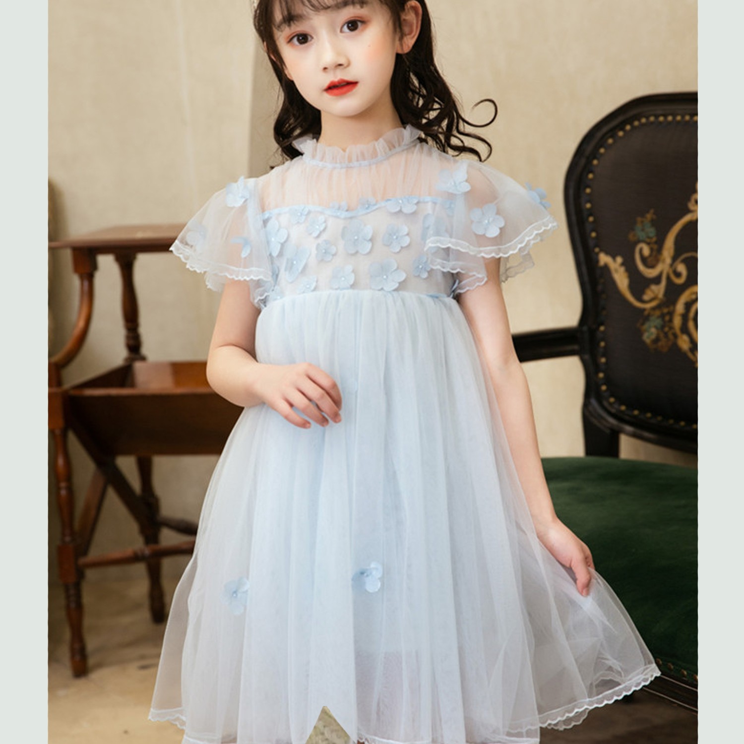 細紗落花紗裙洋裝-冰藍 (110cm)