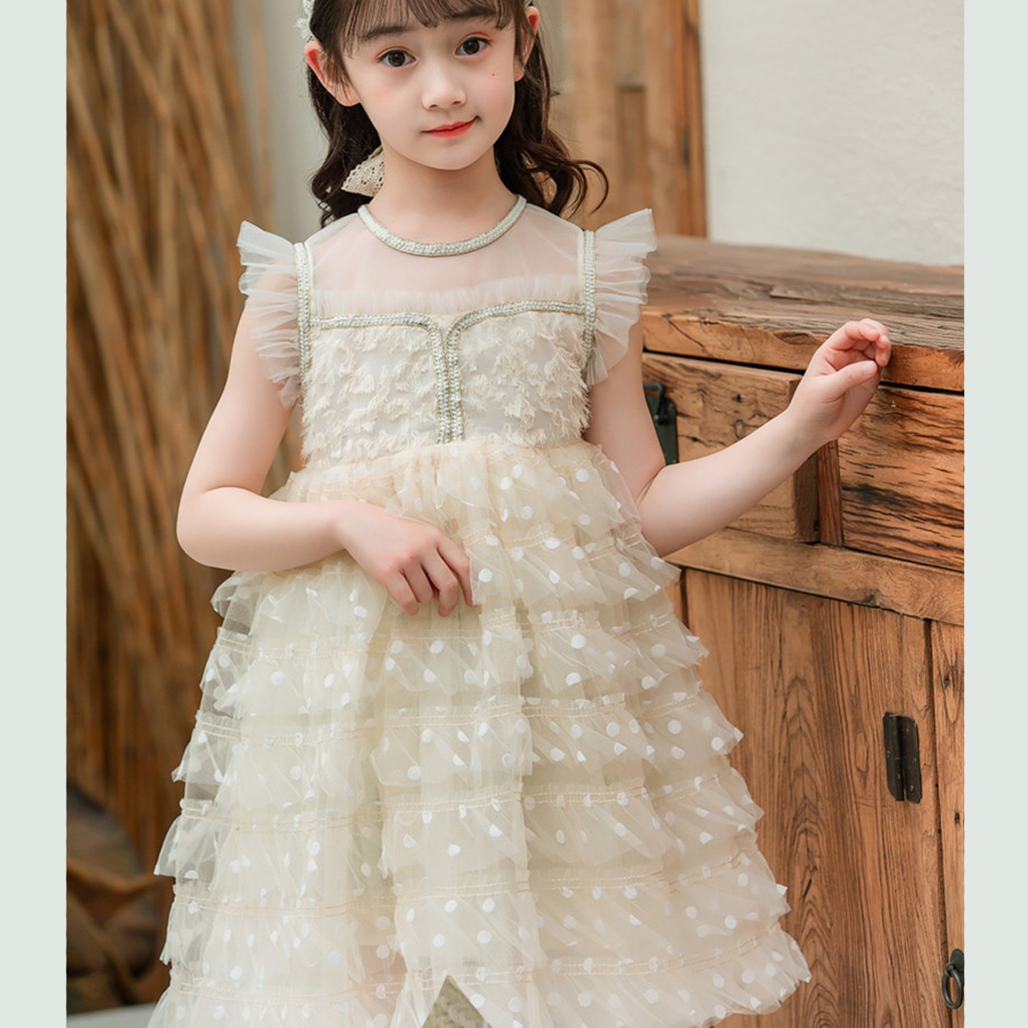 細紗千層蛋糕裙洋裝-灰米 (110cm)